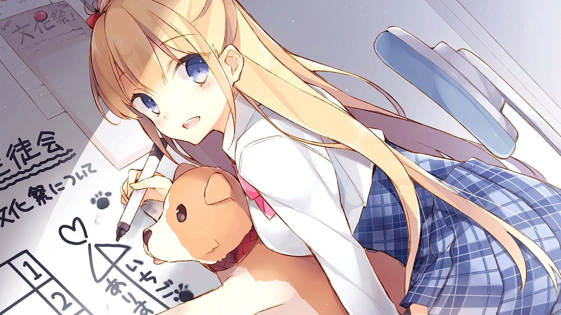 Anime girl with blonde hair and blue eyes holding a marker HD Wallpaper