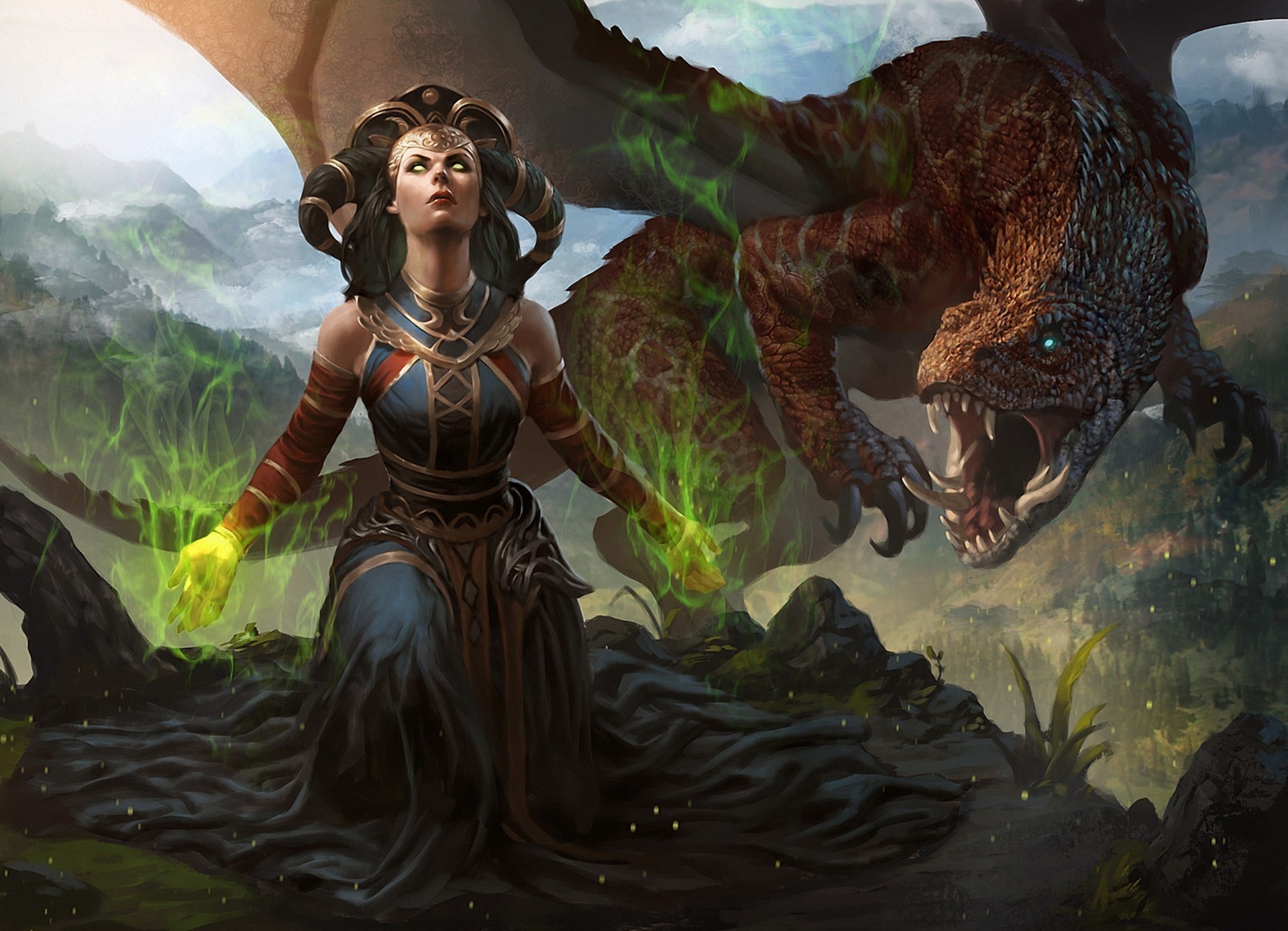 Fantasy art of a woman and a dragon HD Wallpaper