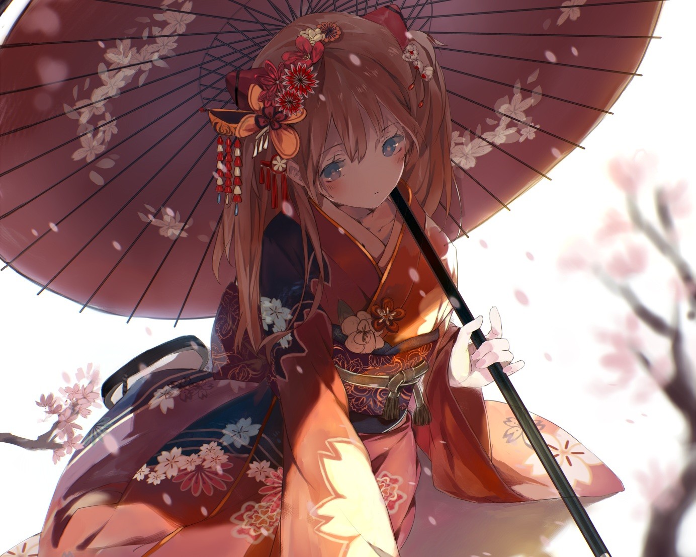 Asuka Langley Soryu in a Kimono with an Umbrella HD Wallpaper