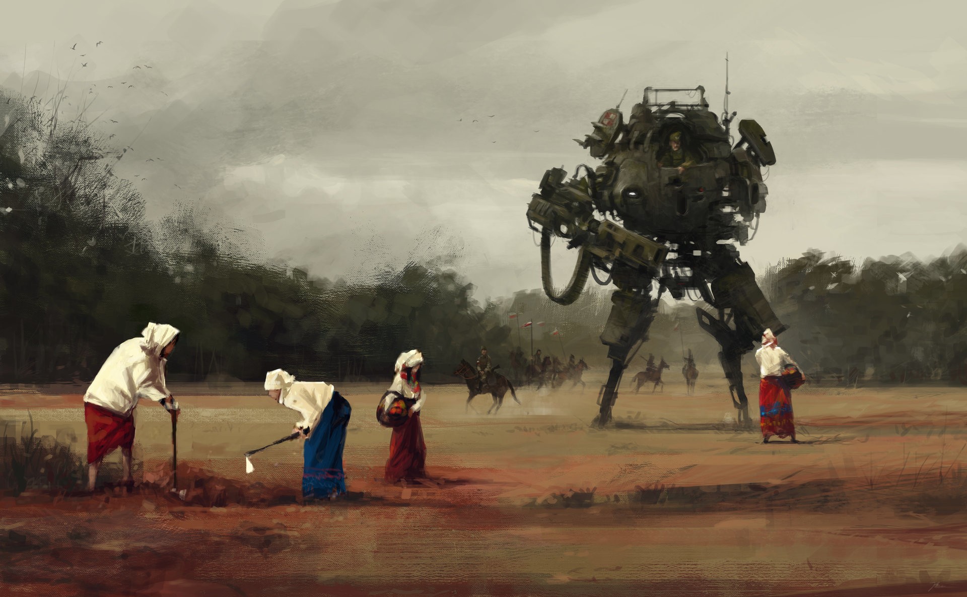 Painting of a futuristic mech in a field with farmers HD Wallpaper