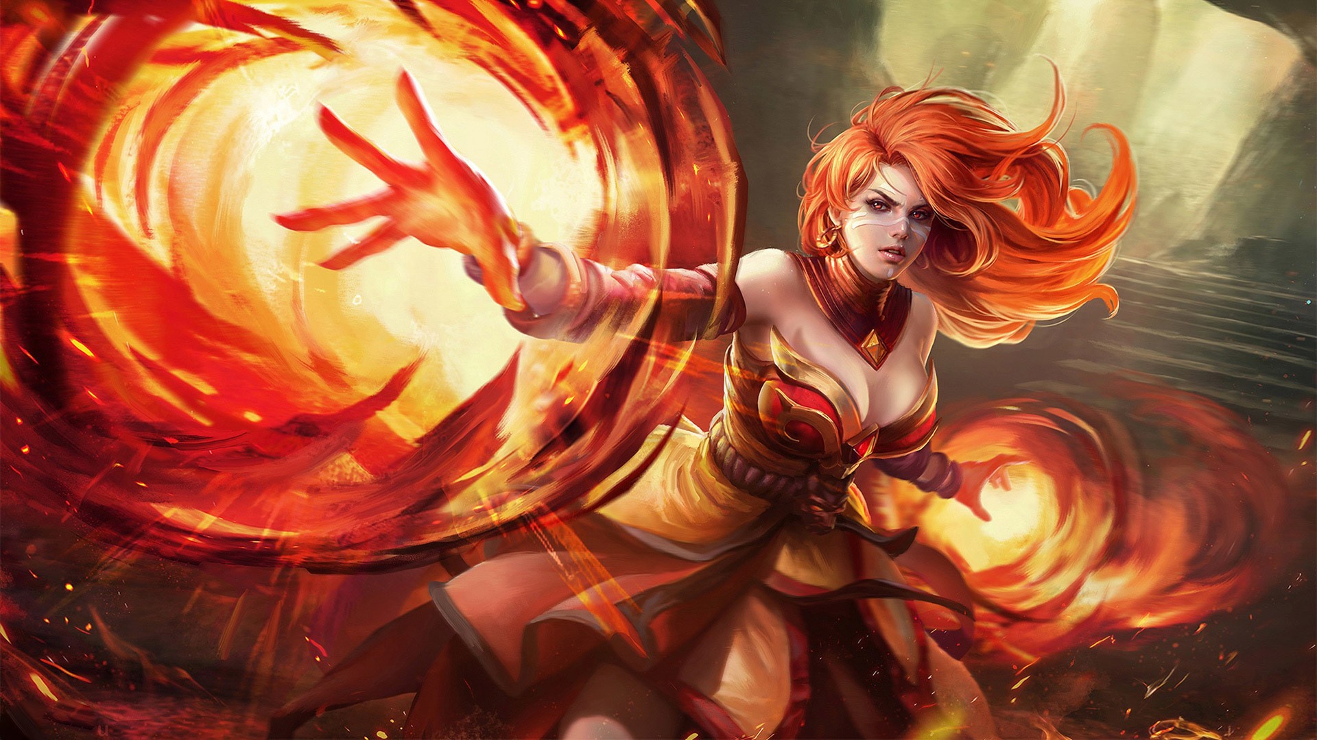 Dota 2 artwork of a woman wielding fire magic HD Wallpaper