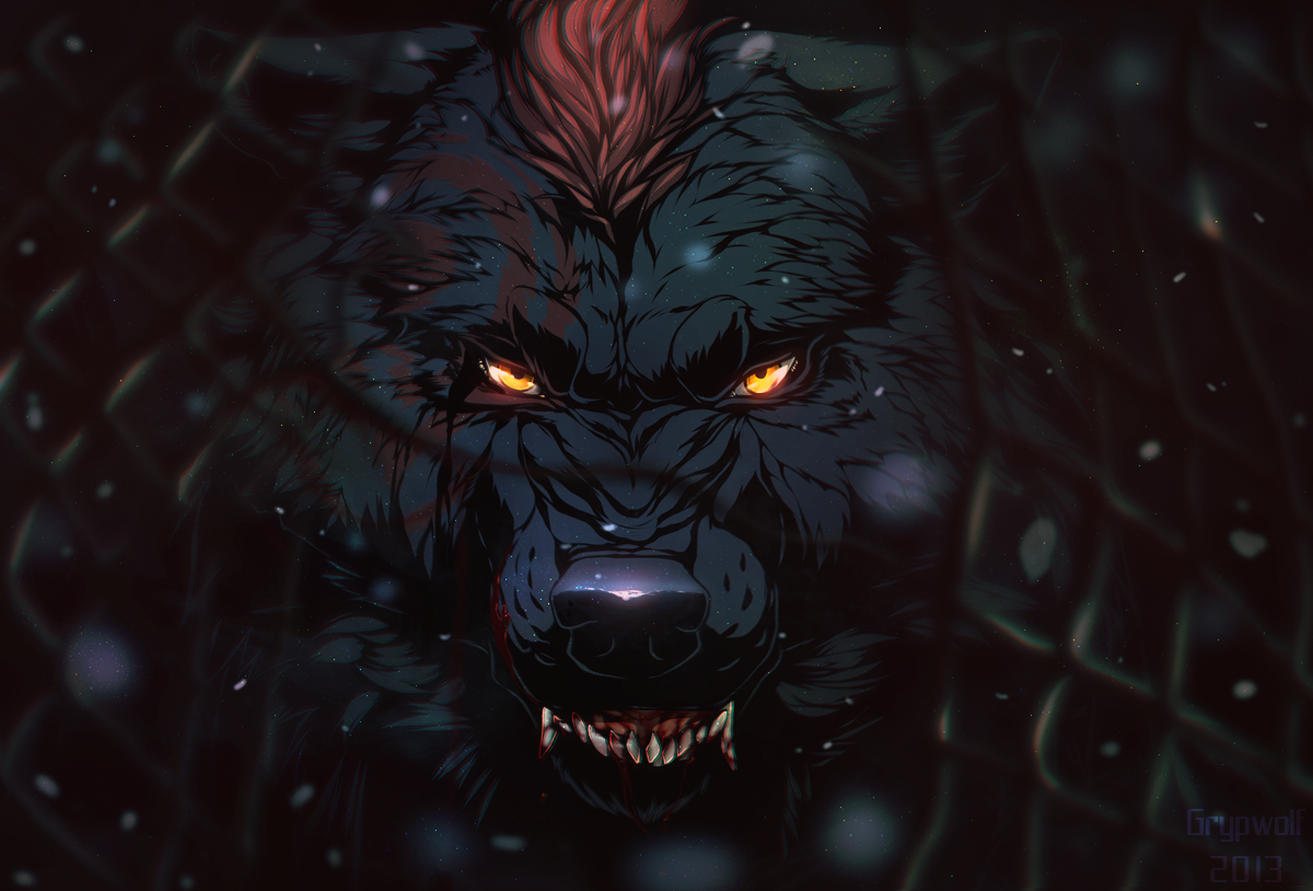 Fierce wolf with glowing eyes behind a fence HD Wallpaper