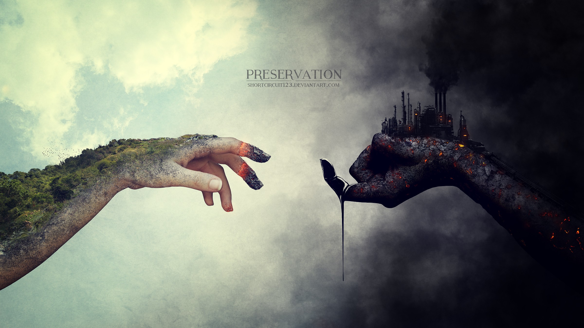 Preservation: Nature vs. Industry Hands HD Wallpaper