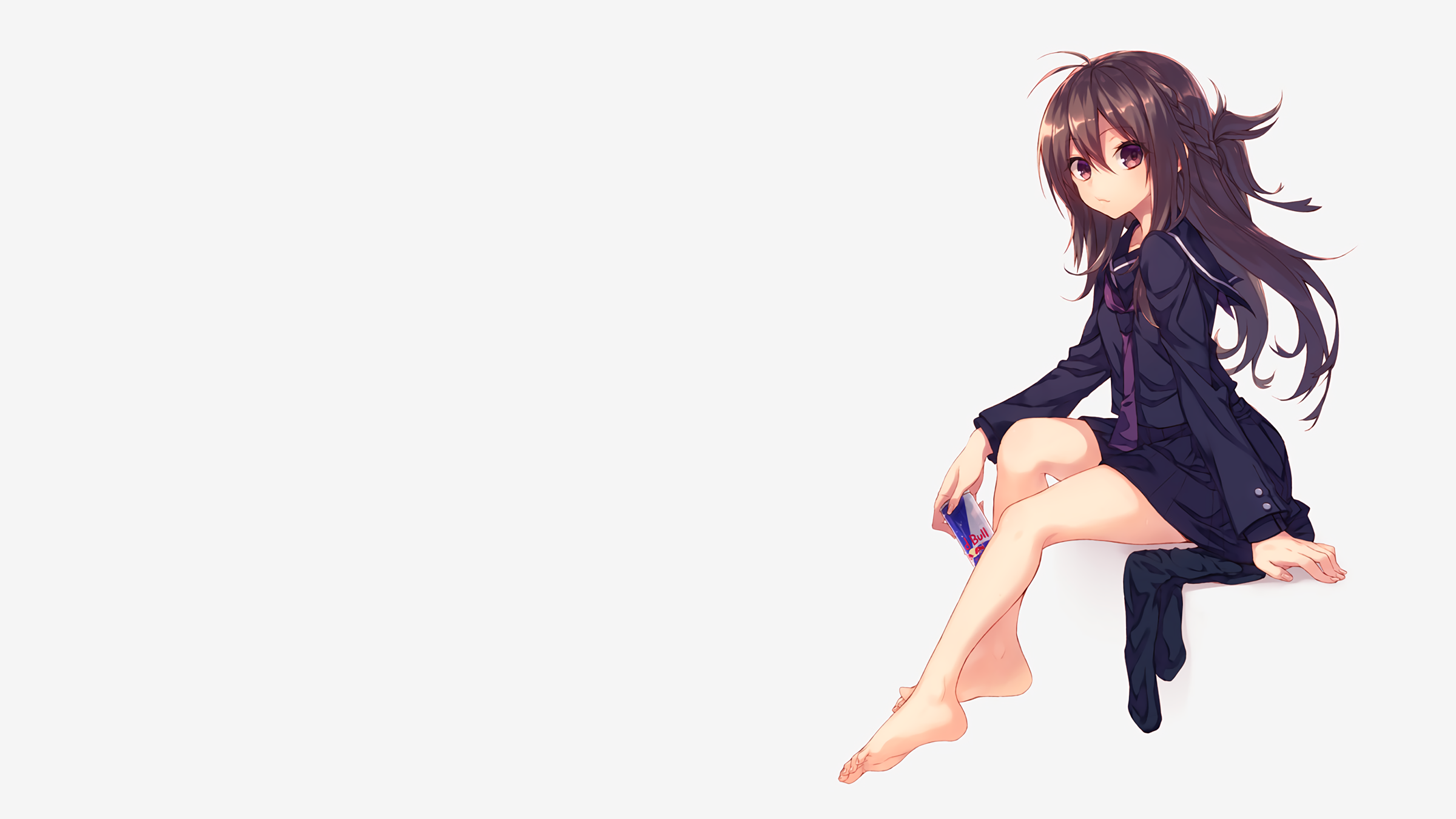 Anime girl with dark hair in school uniform holding Red Bull HD Wallpaper