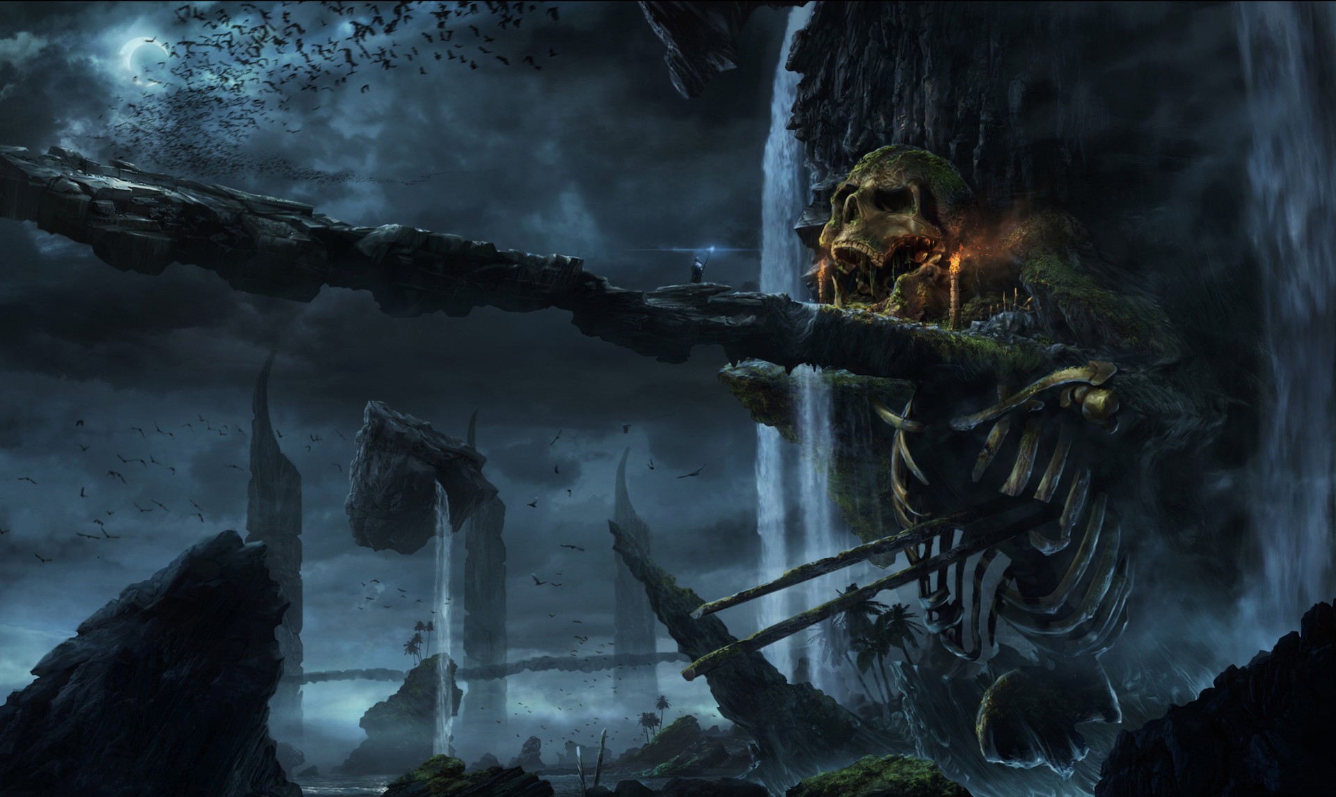Giant skeleton with skull and waterfalls in a dark fantasy landscape HD Wallpaper