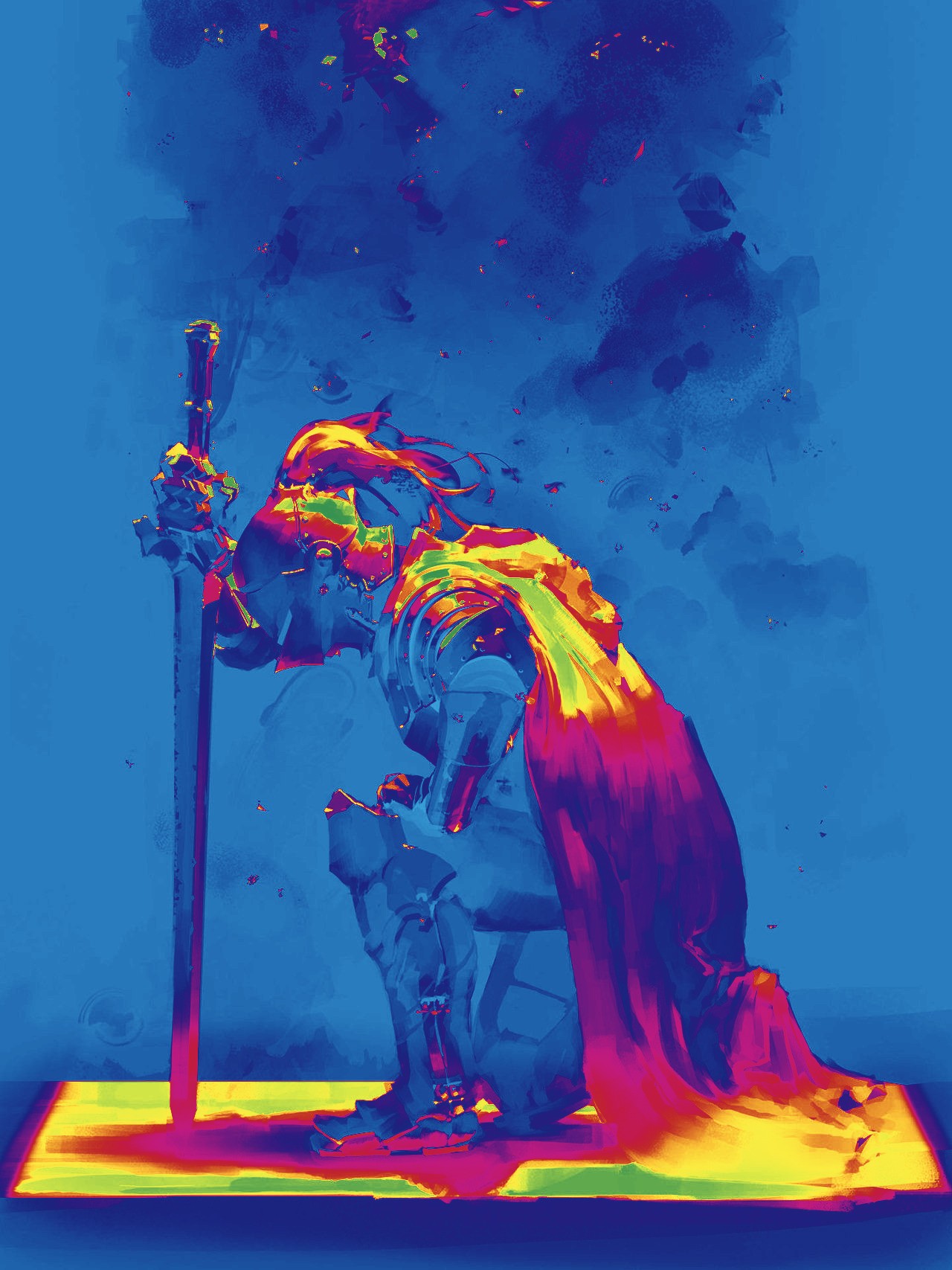 Knight kneeling with sword, colorful effect HD Wallpaper