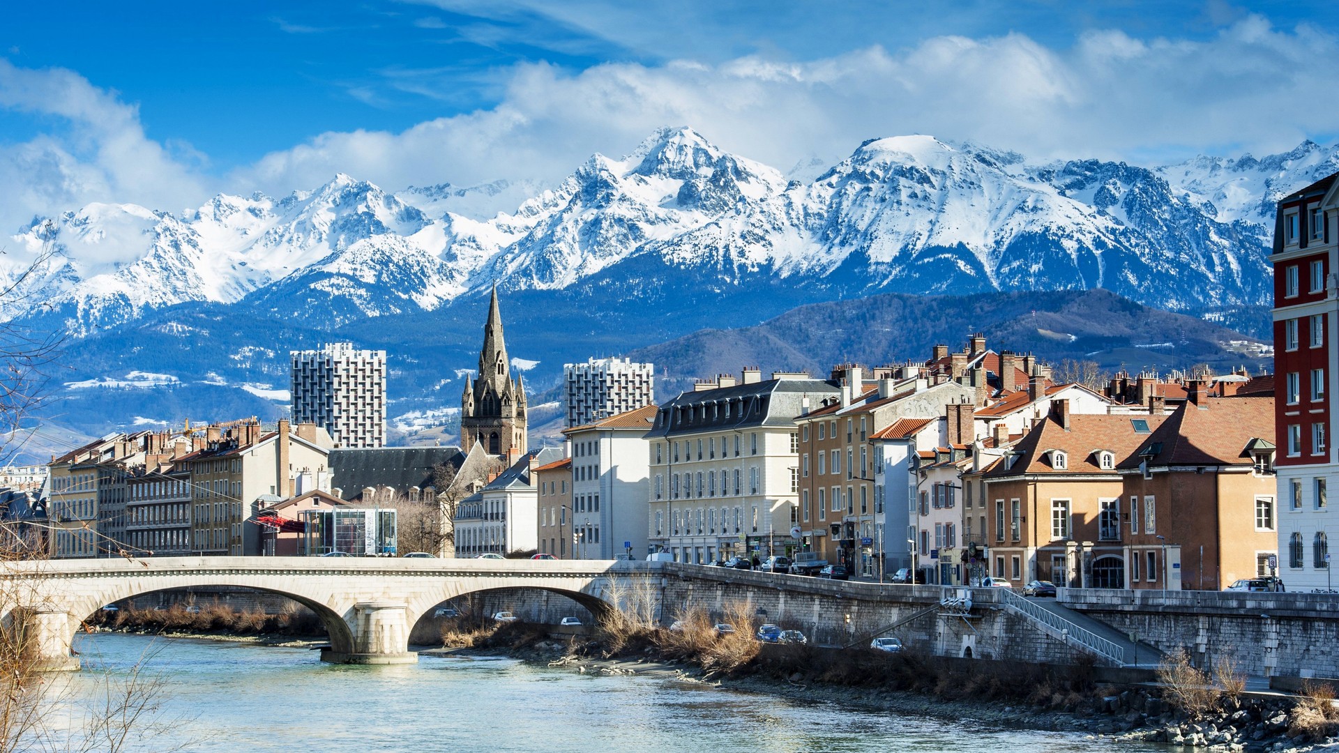 Grenoble cityscape with snowy Alps mountains and river HD Wallpaper