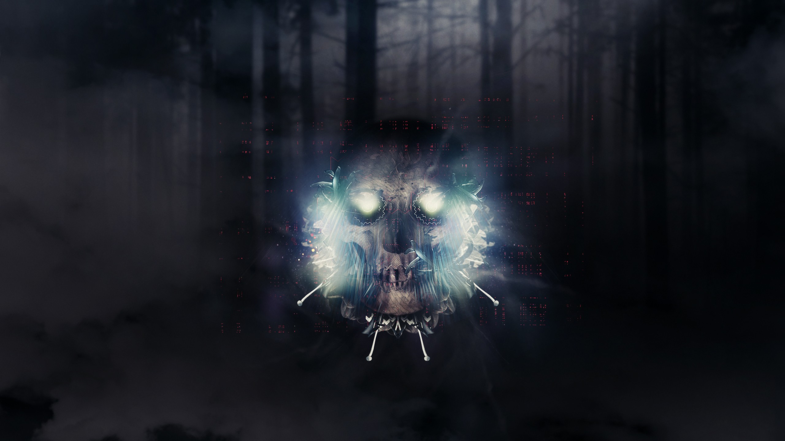 Abstract Skull with Glowing Eyes in Dark Forest HD Wallpaper