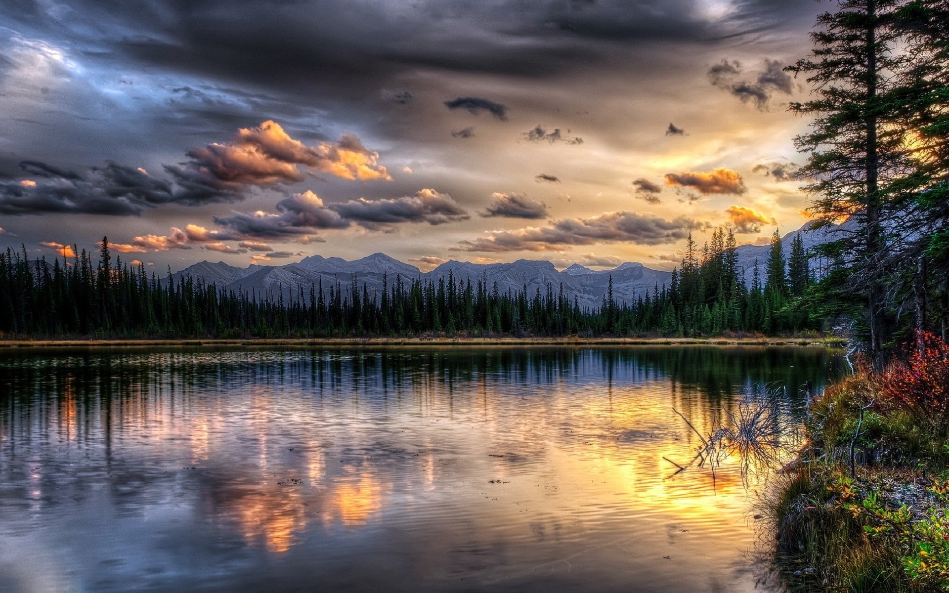 Lake and mountains at sunset with forest HD Wallpaper