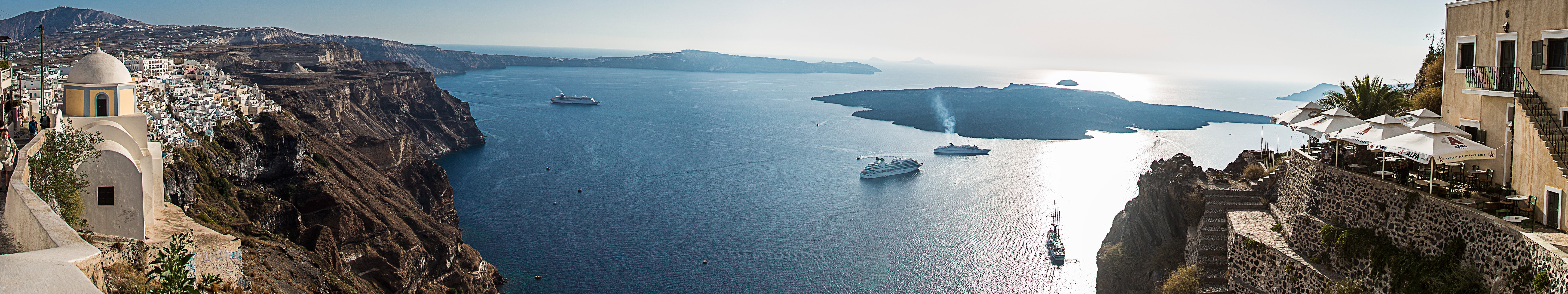 Santorini panorama with cruise ships in the Aegean Sea HD Wallpaper