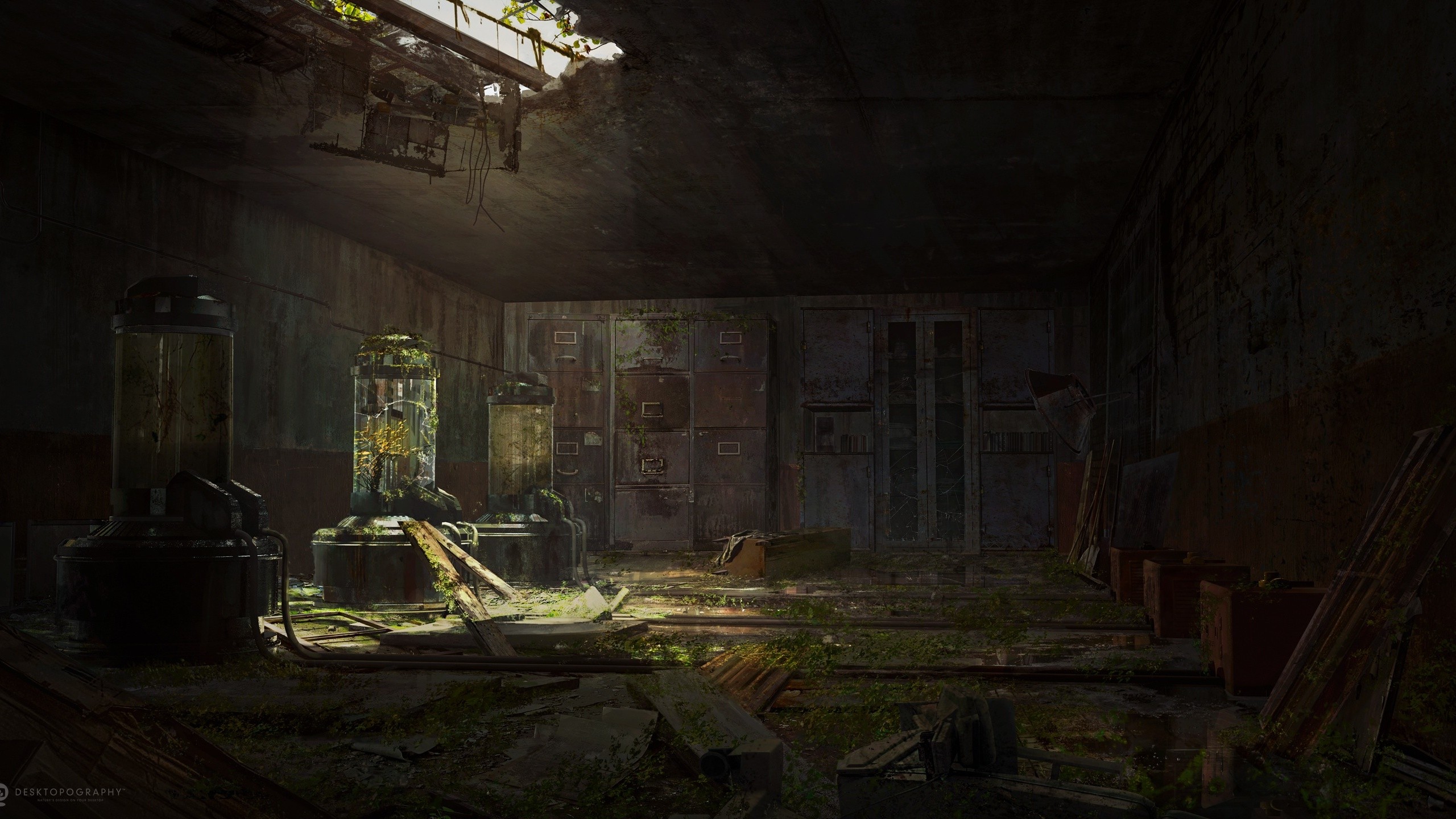 Abandoned facility with overgrown specimen jars and debris HD Wallpaper