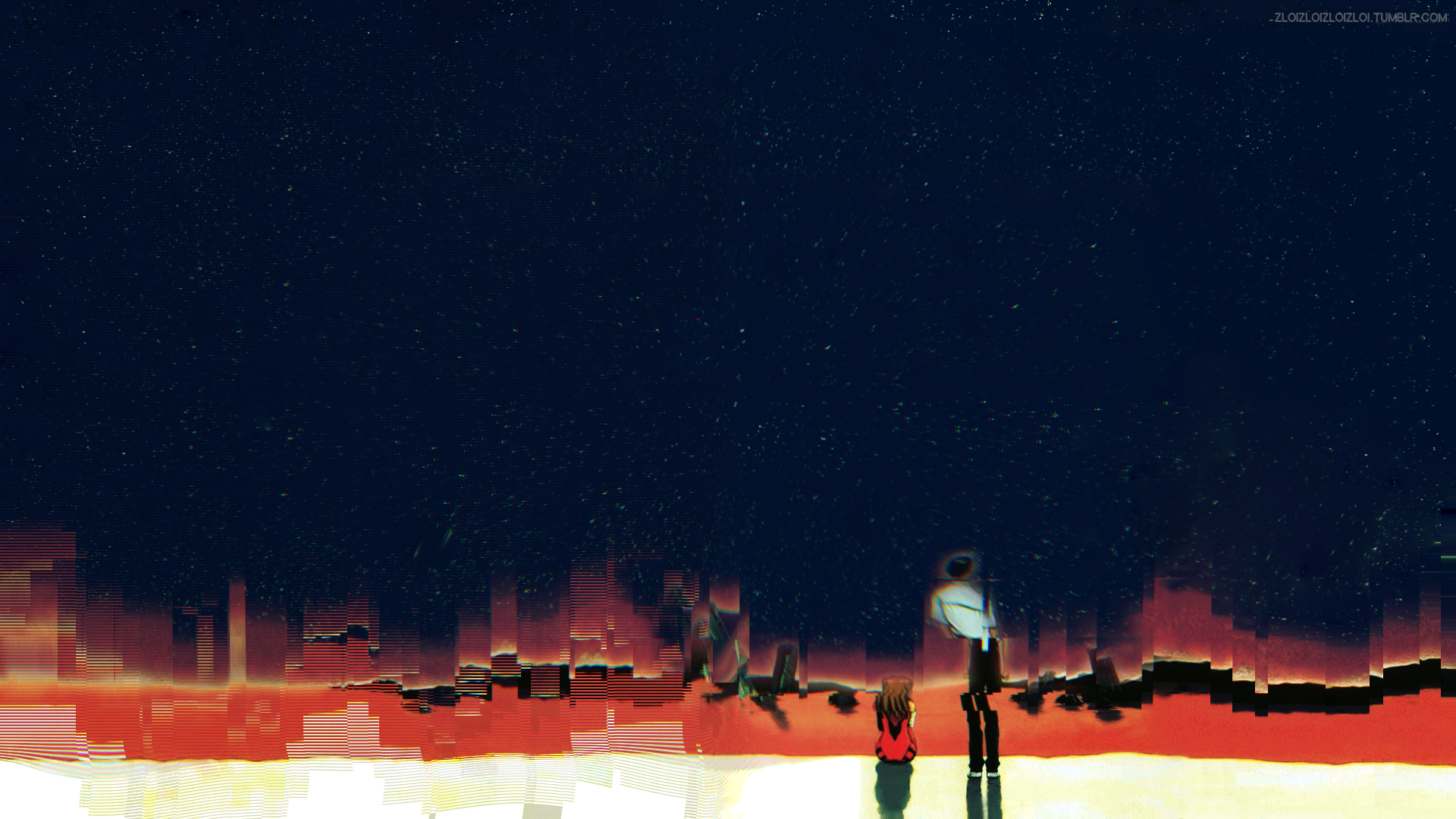 Neon Genesis Evangelion glitch art with two figures HD Wallpaper
