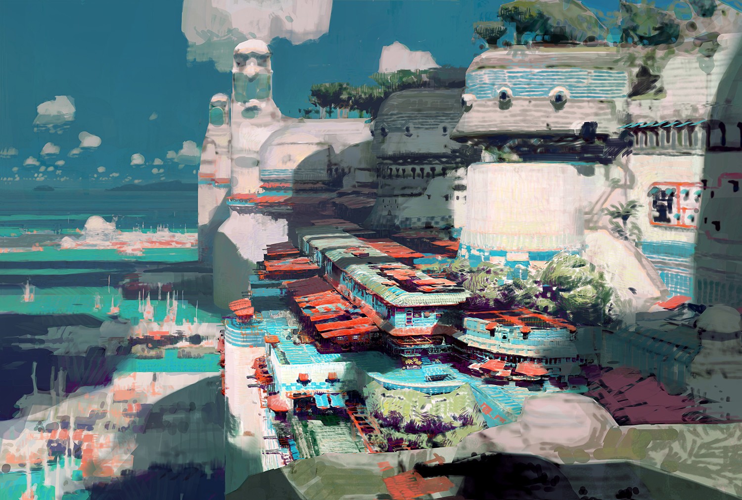 Fantasy city with unique architecture by the sea HD Wallpaper