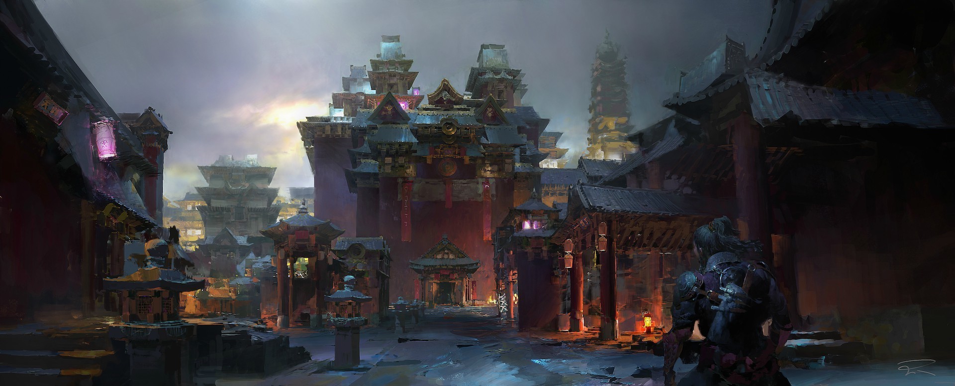 Fantasy Asian Cityscape with a Warrior HD Wallpaper