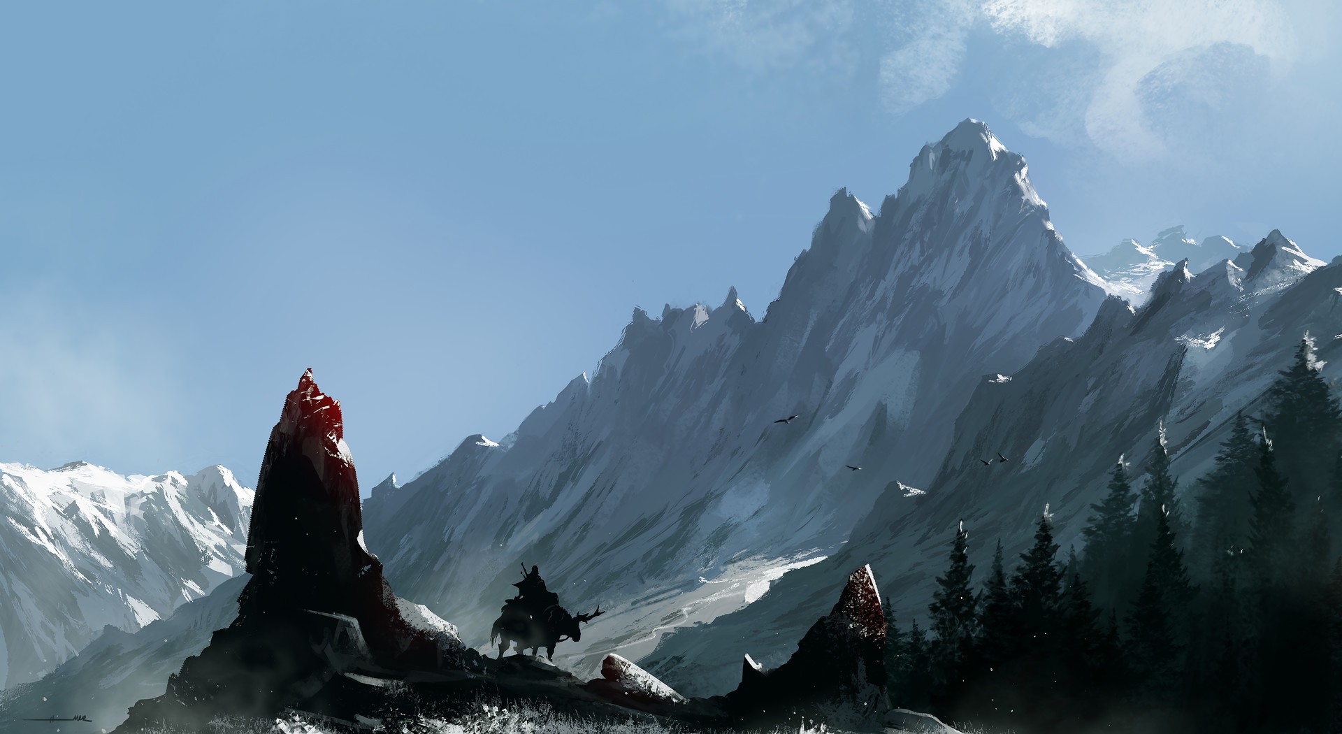 Digital art of a warrior on horseback in snowy mountains HD Wallpaper