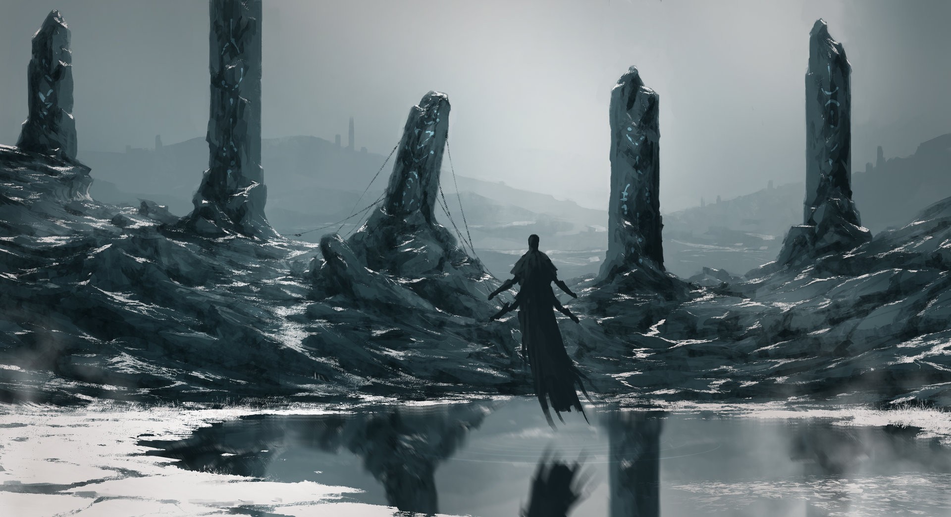 Figure standing in a desolate landscape with stone pillars HD Wallpaper