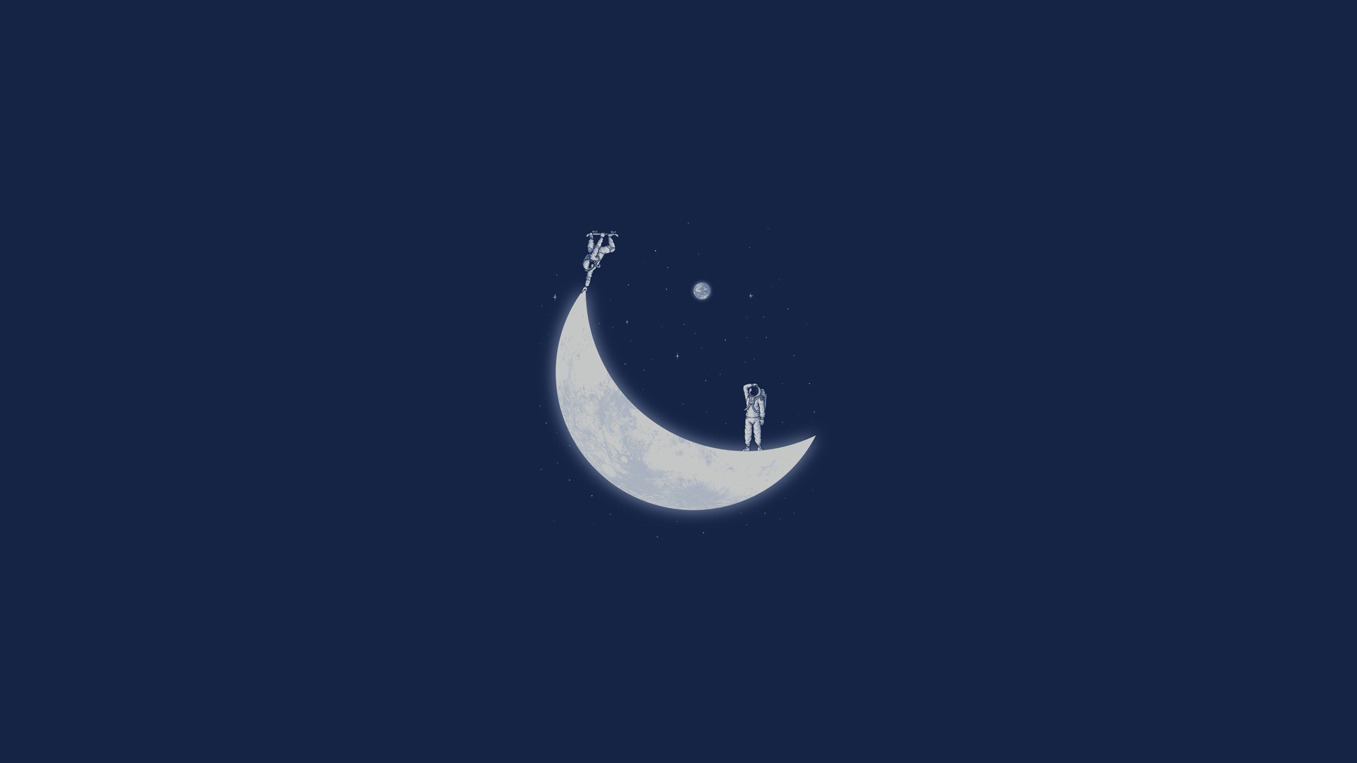 Astronauts on a crescent moon with stars HD Wallpaper