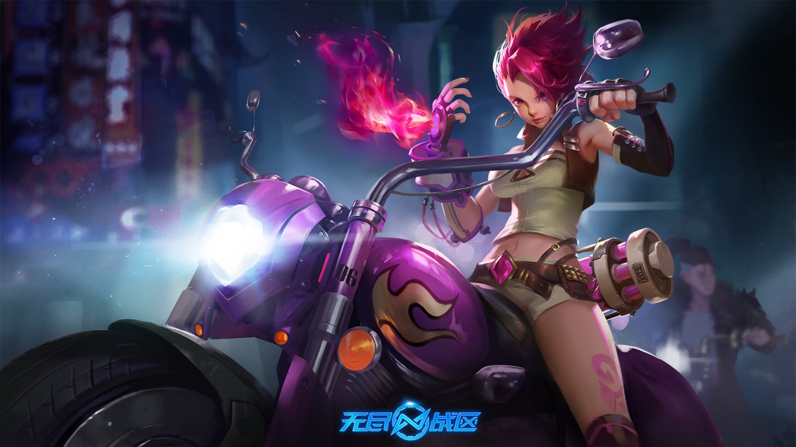 Girl with pink hair on a purple motorcycle HD Wallpaper