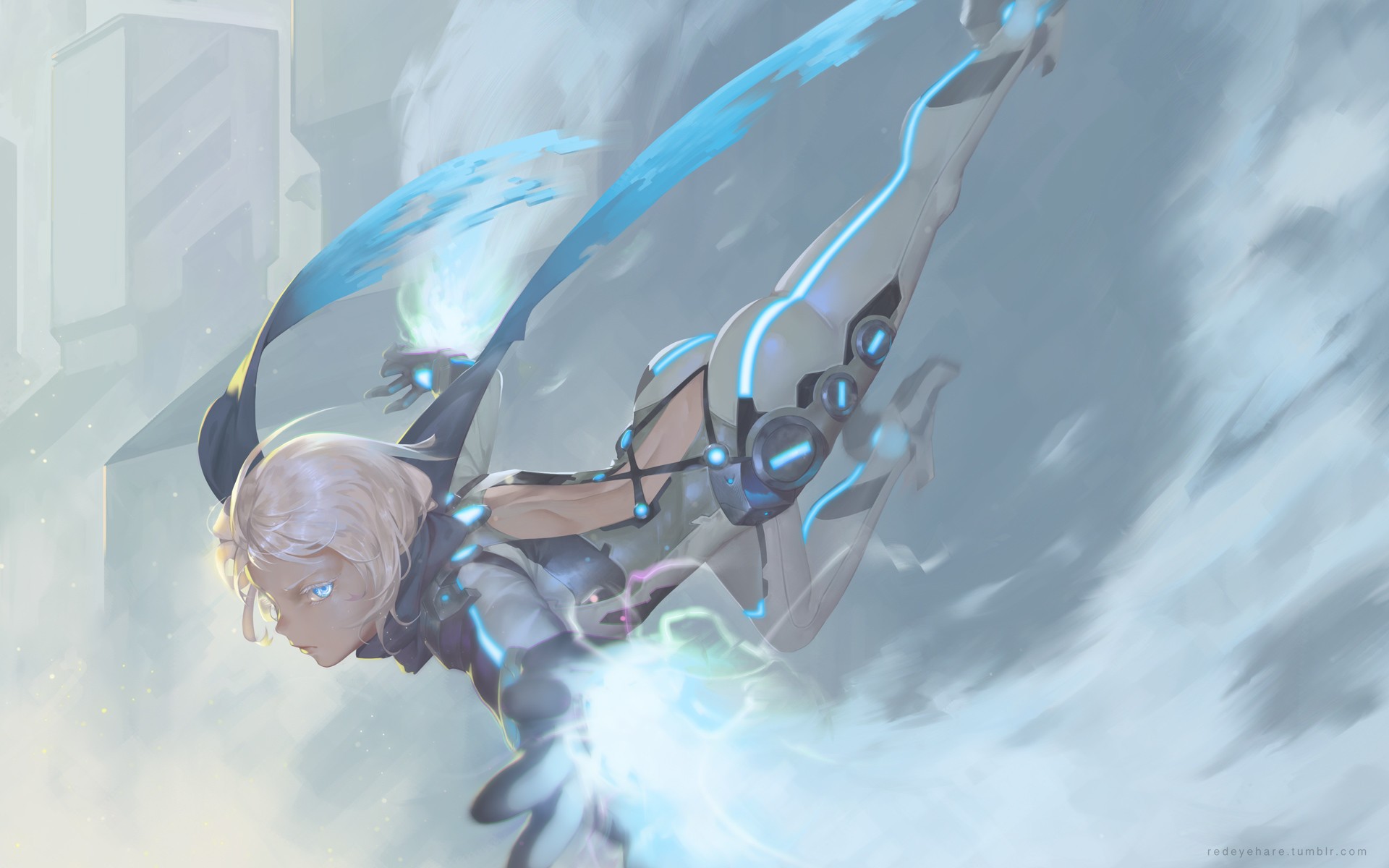 Fantasy art of a winged cyborg girl in the sky HD Wallpaper