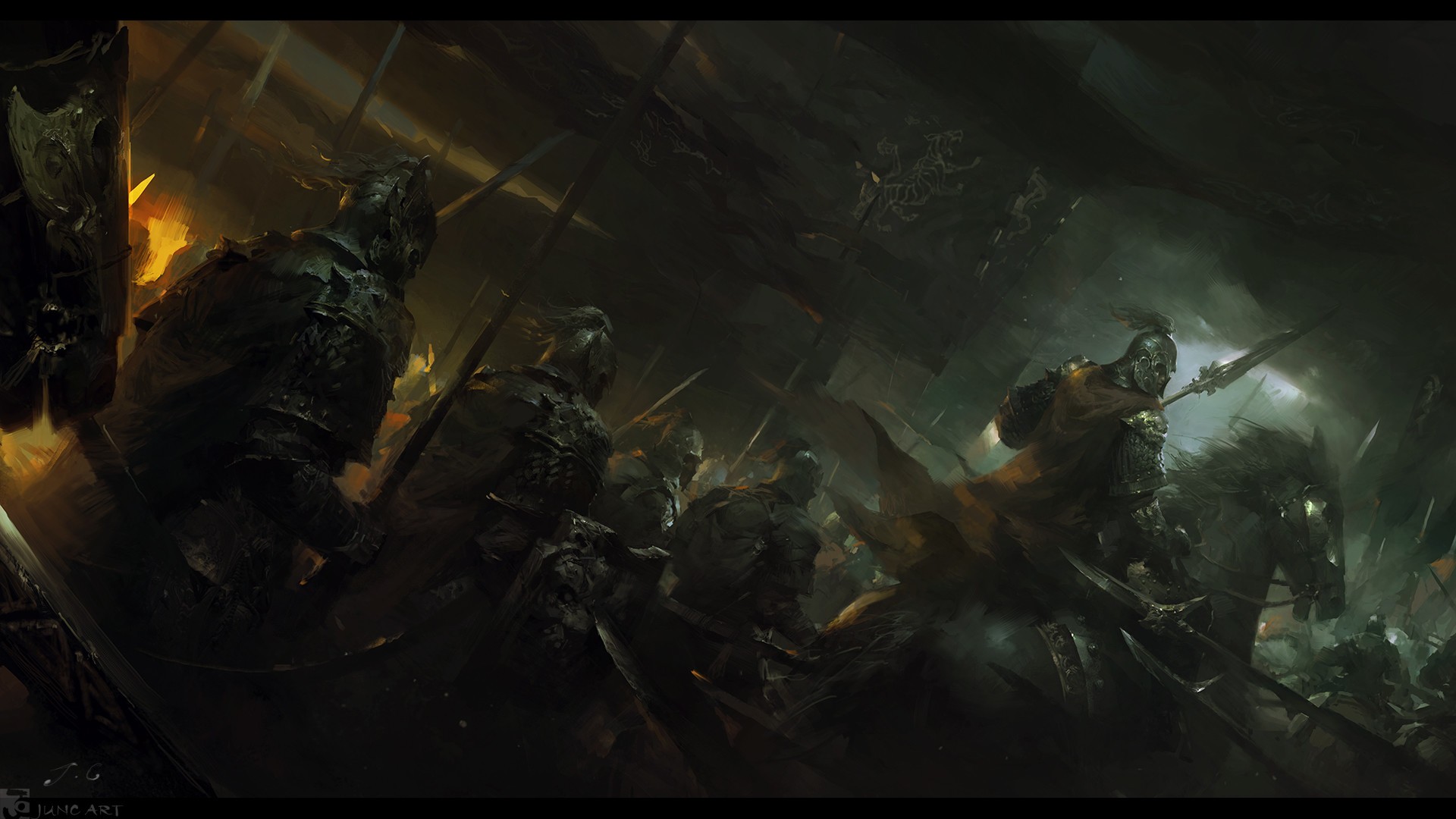 Dark fantasy warriors in battle HD Wallpaper