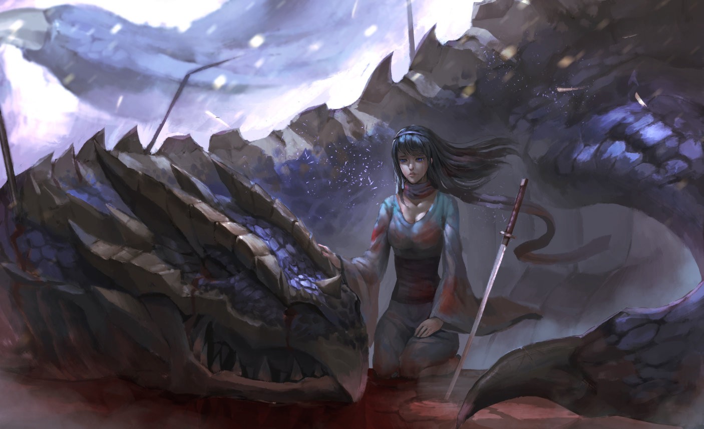 Girl with a dragon and a sword HD Wallpaper