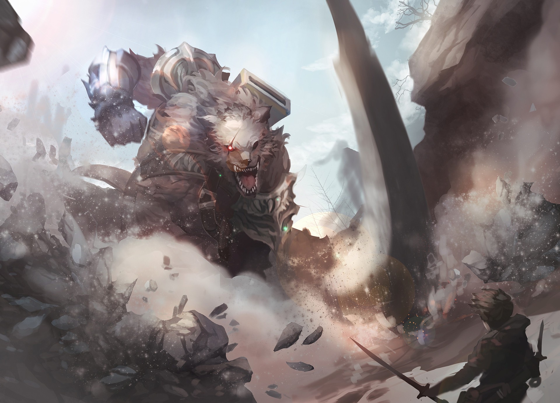 Fantasy art of a werewolf warrior fighting a human HD Wallpaper