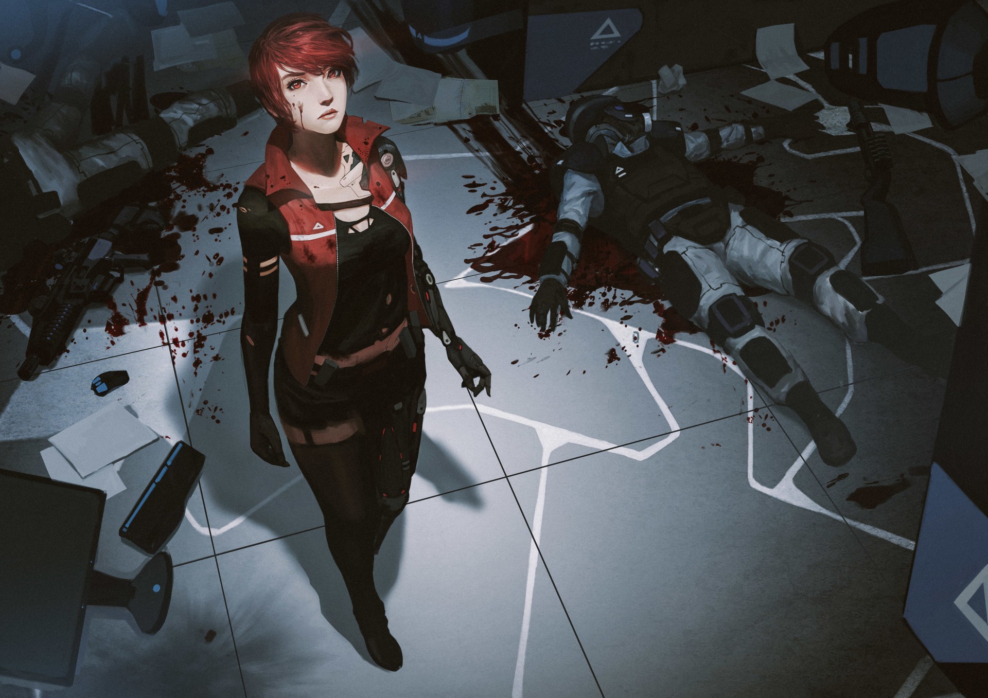 Woman in futuristic attire stands over fallen soldier HD Wallpaper