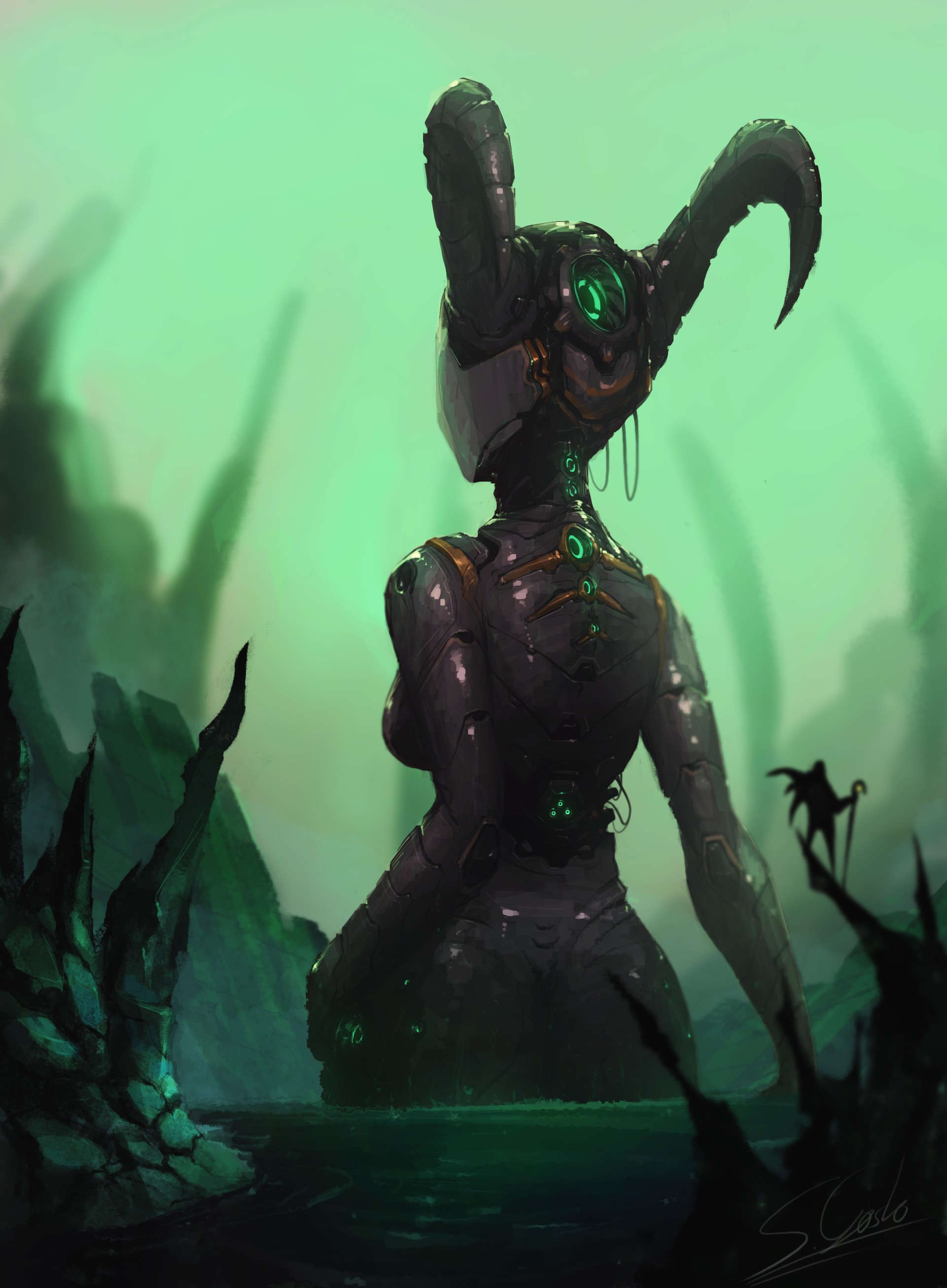 Fantasy art of a robotic creature with horns HD Wallpaper