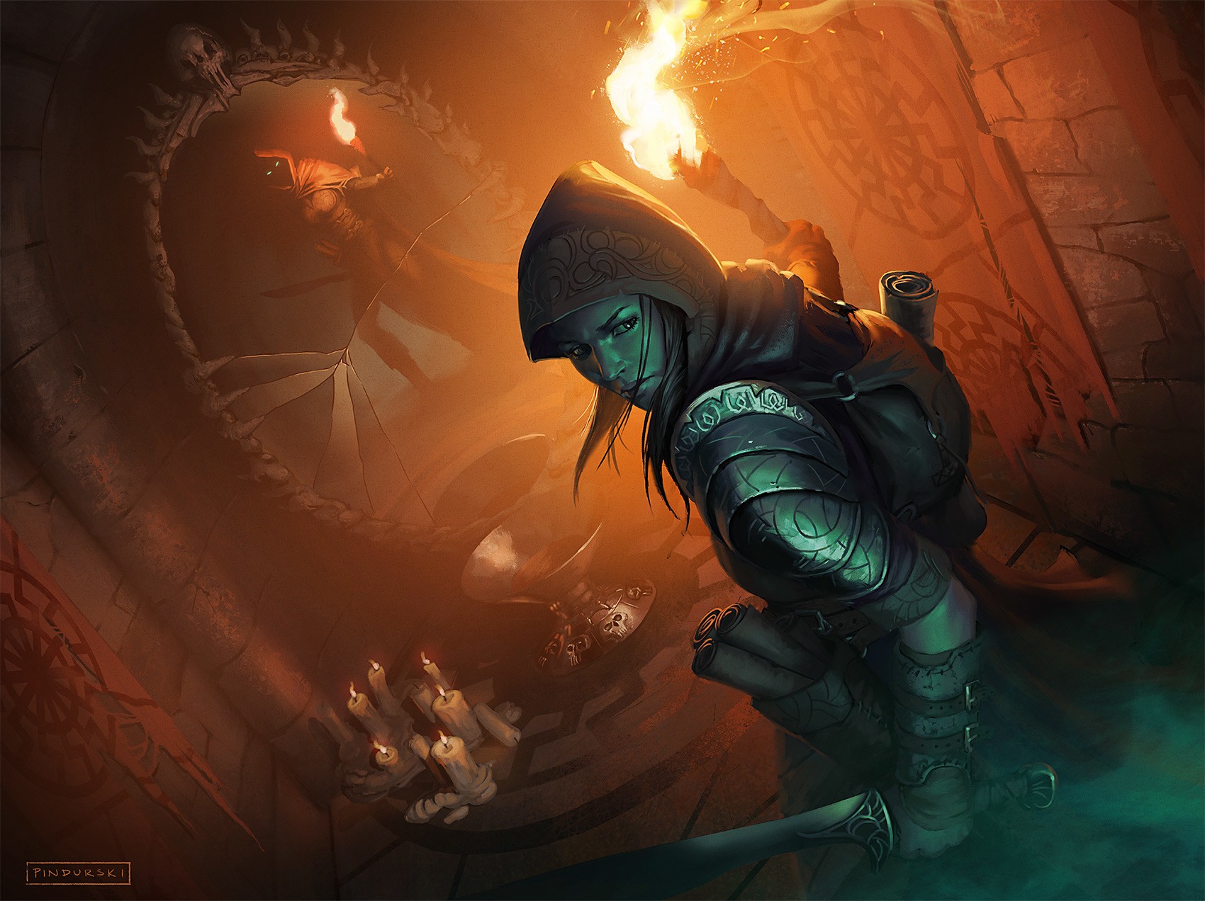 Fantasy art of a hooded figure with a torch HD Wallpaper