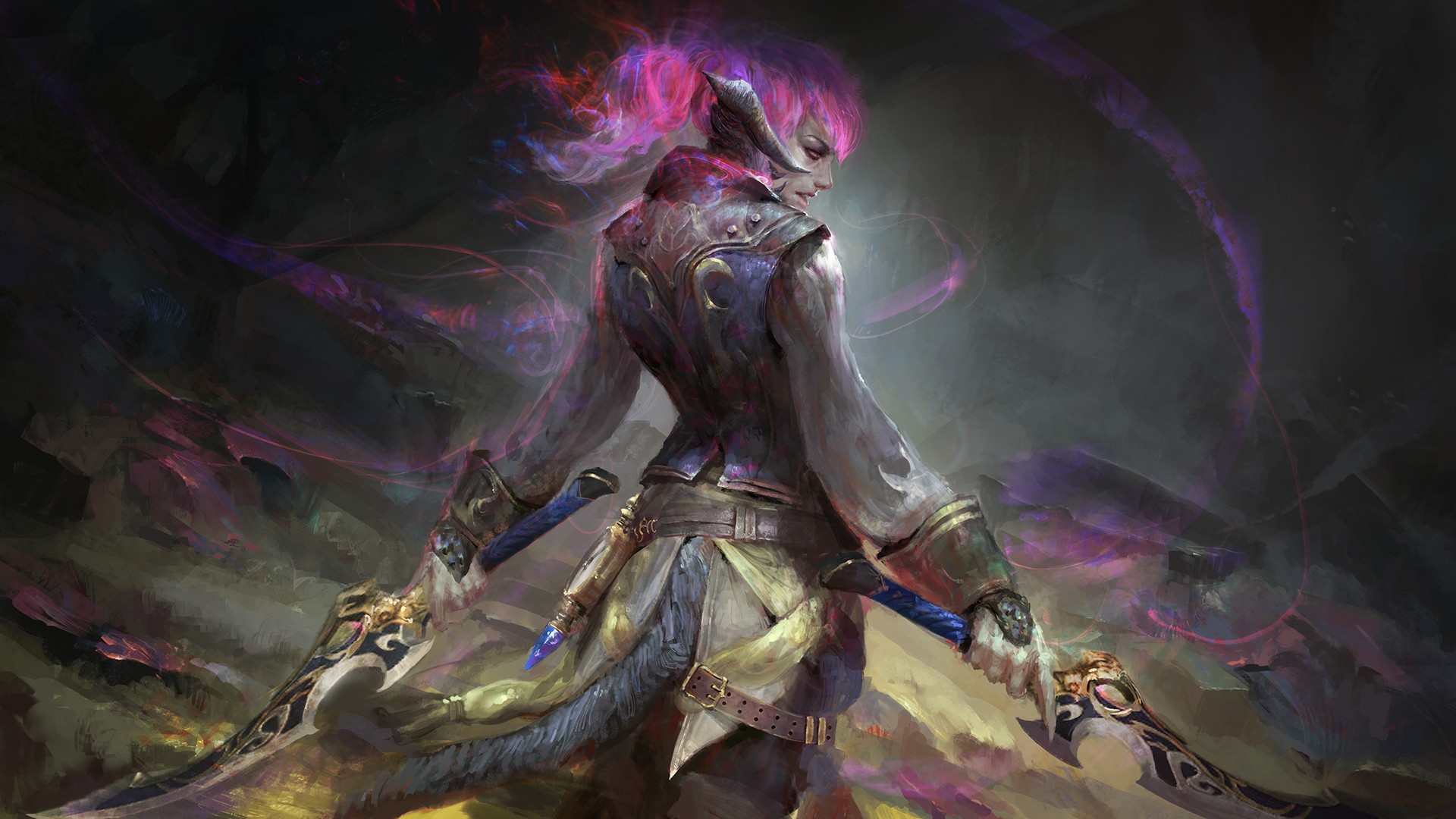 Fantasy warrior with pink hair and dual swords HD Wallpaper