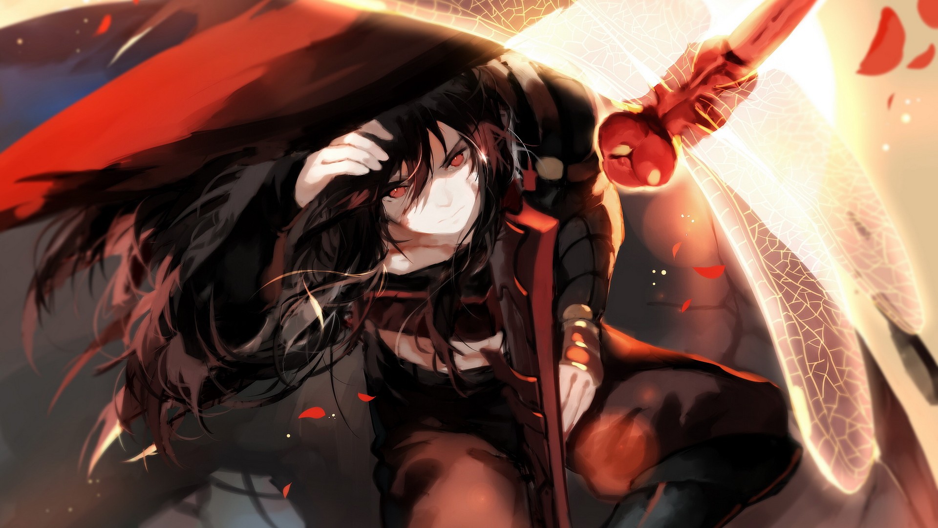 Anime girl with black hair and red eyes and dragonfly wings HD Wallpaper