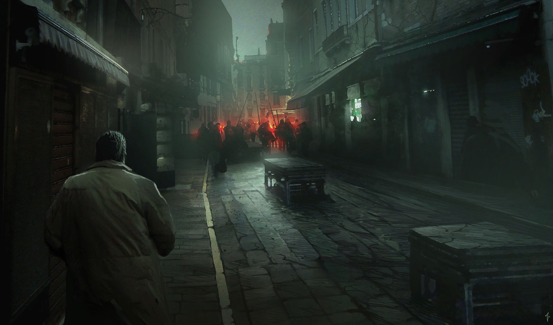 A man walks down a dark, cobblestone street at night. HD Wallpaper