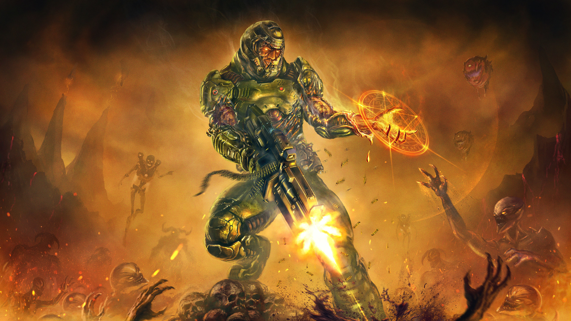 Doom Slayer fighting demons in hell HD Wallpaper