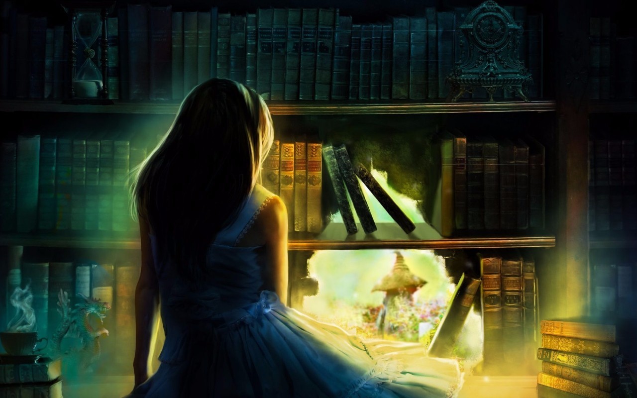 Girl in white dress looking at a fantasy world through bookshelves HD Wallpaper