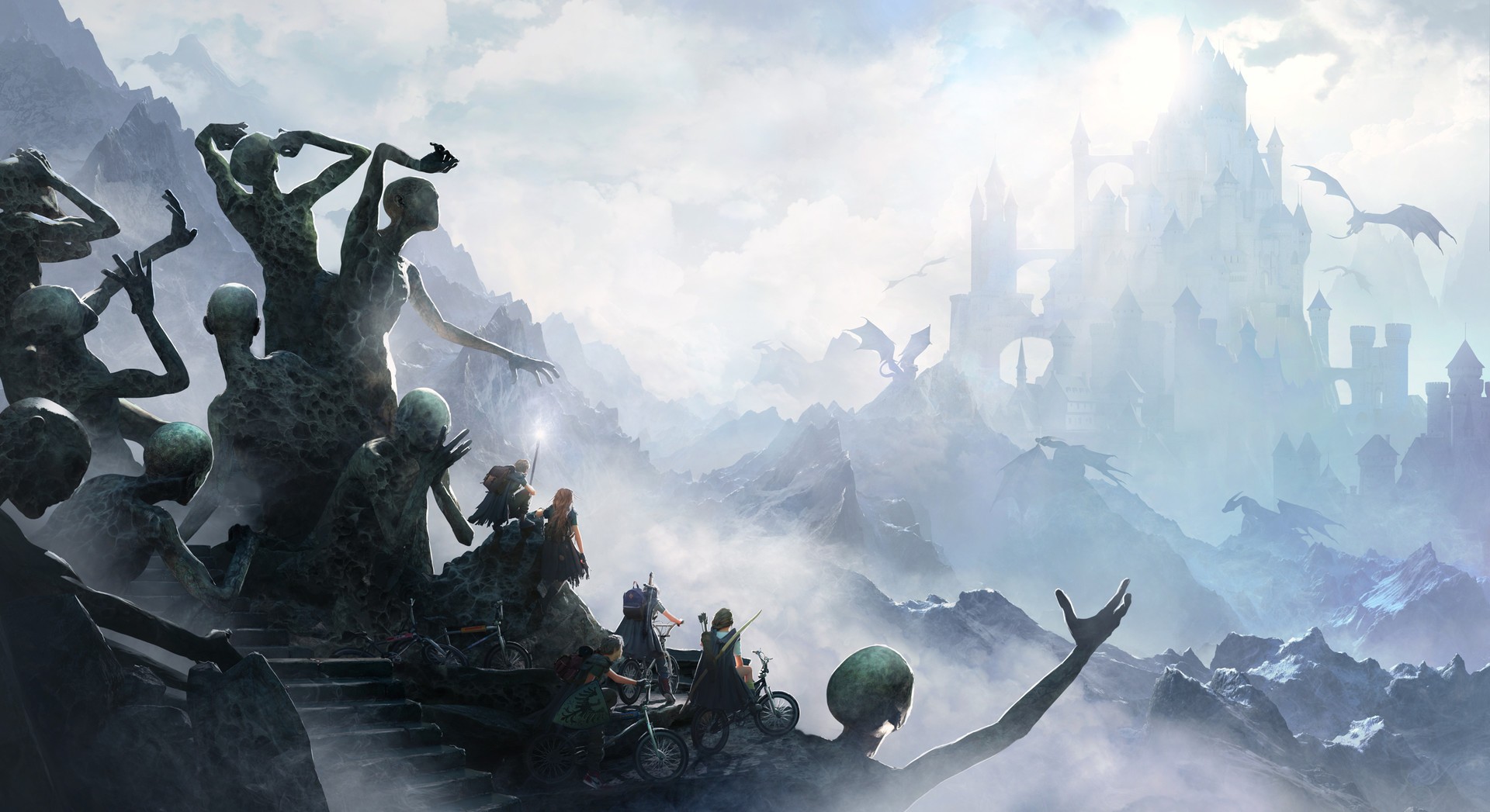 Fantasy landscape with statues, dragons, and a castle HD Wallpaper