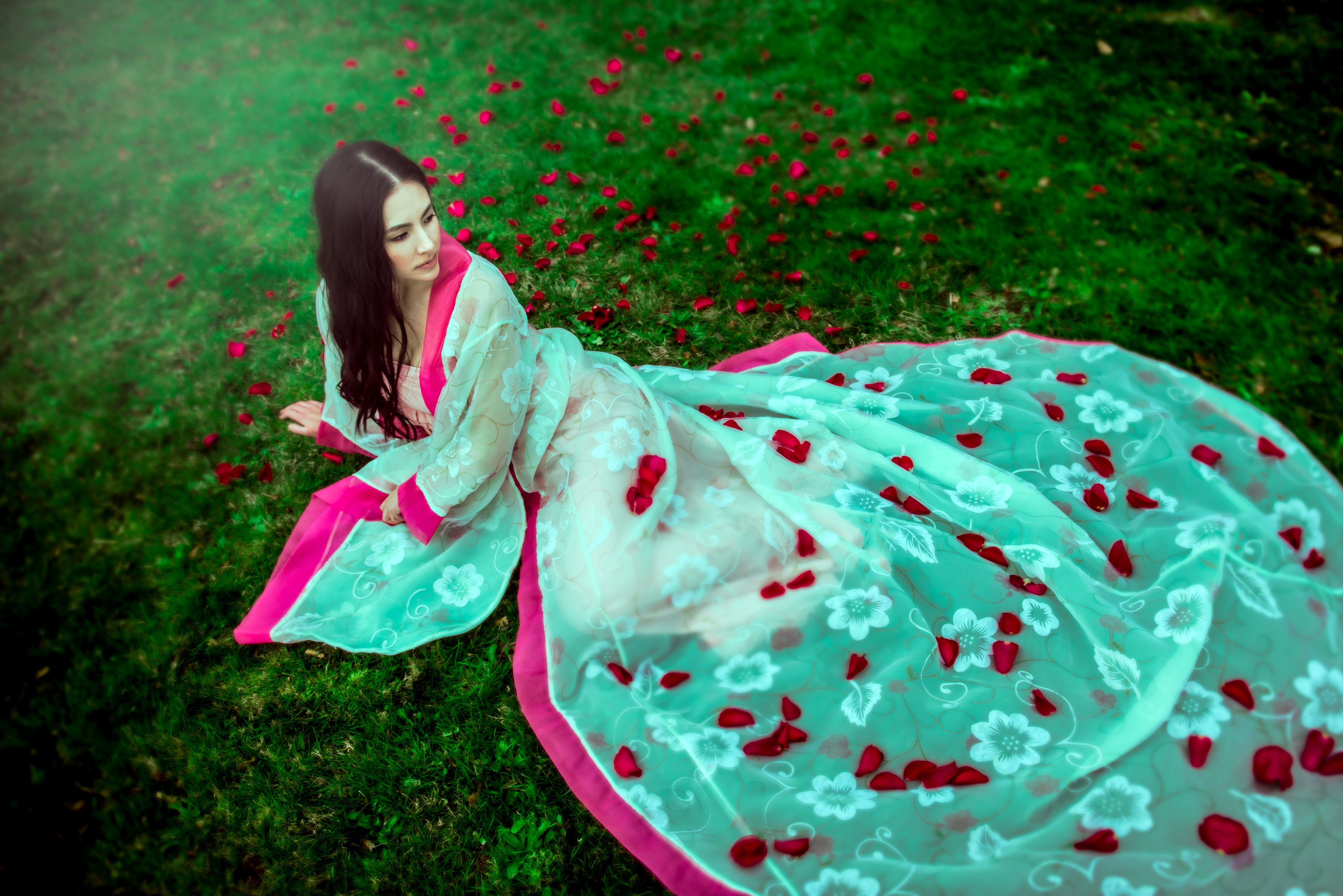 Woman in traditional Asian dress sitting in a field of flowers HD Wallpaper