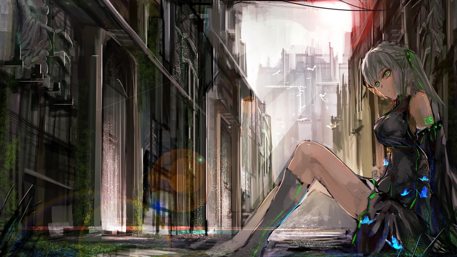 Anime girl with green eyes sitting in ruins HD Wallpaper