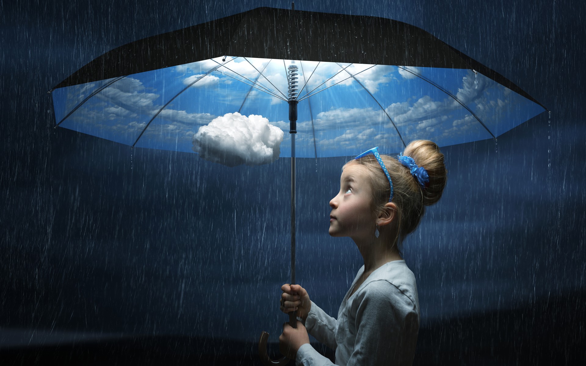 Girl under an umbrella with clouds and rain HD Wallpaper