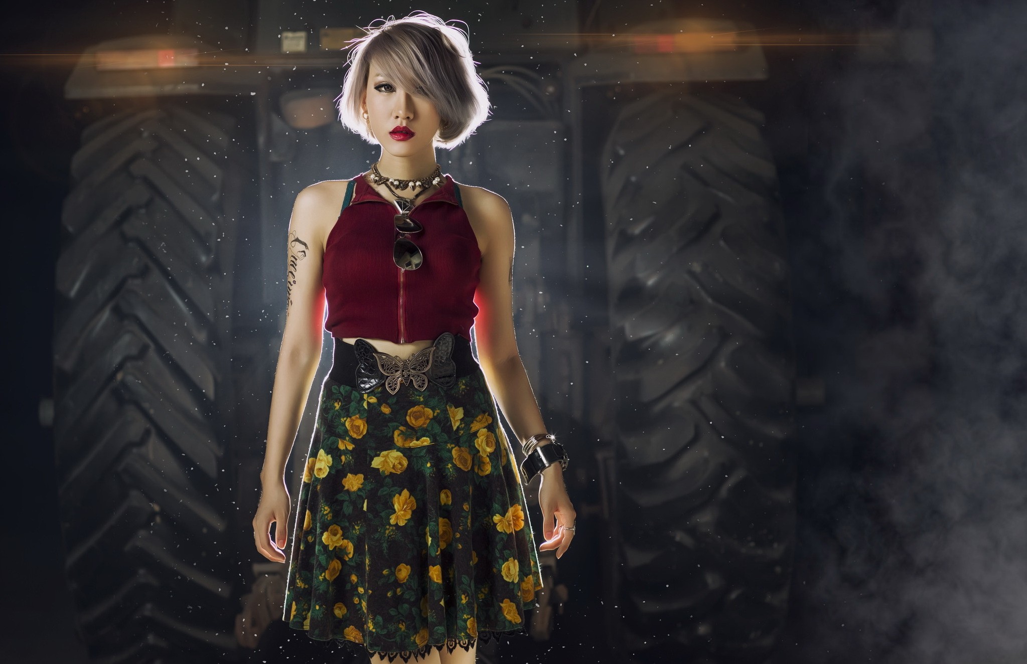 Asian woman in floral skirt and red top HD Wallpaper