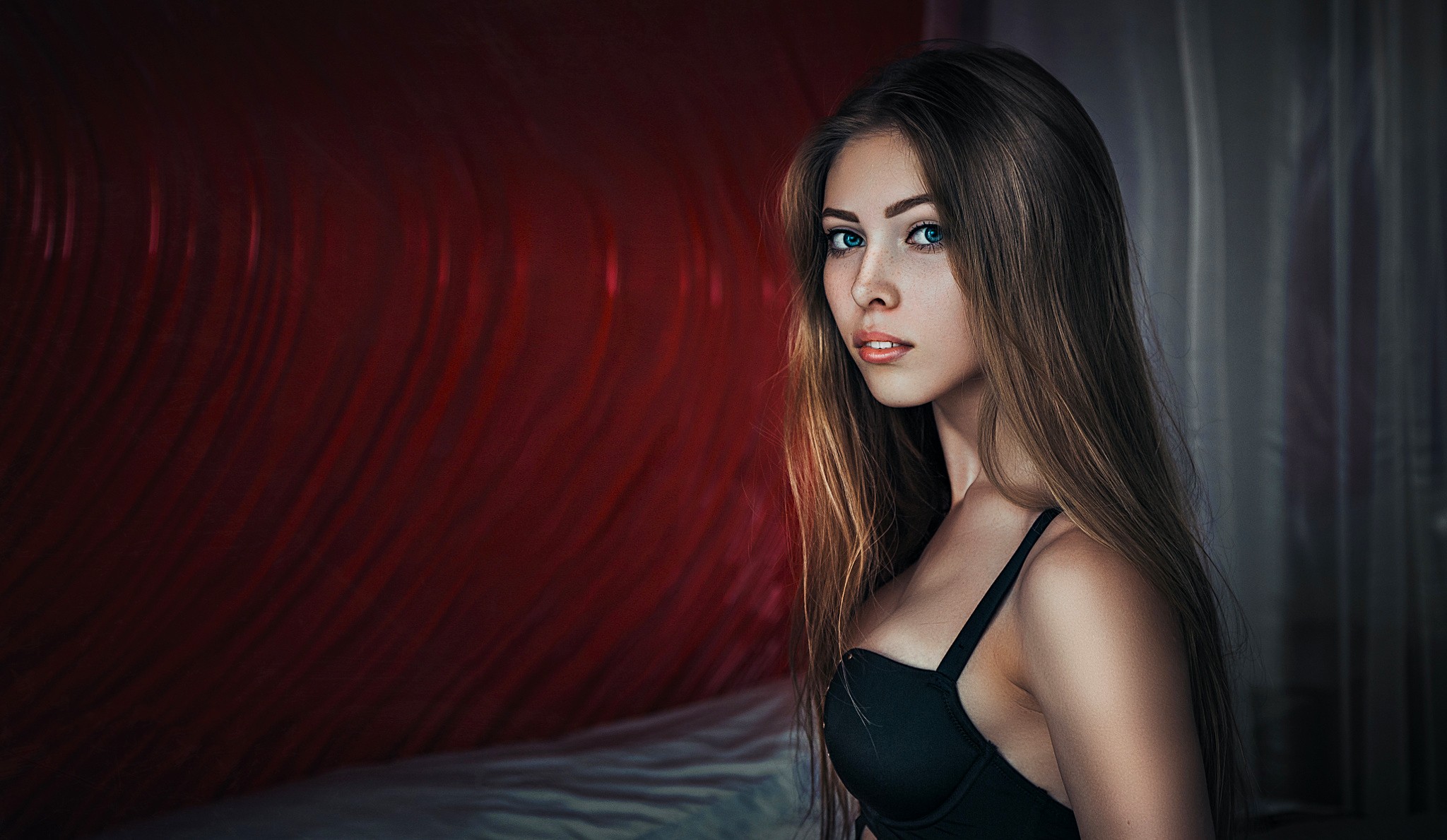 Woman in black bra looking at viewer HD Wallpaper
