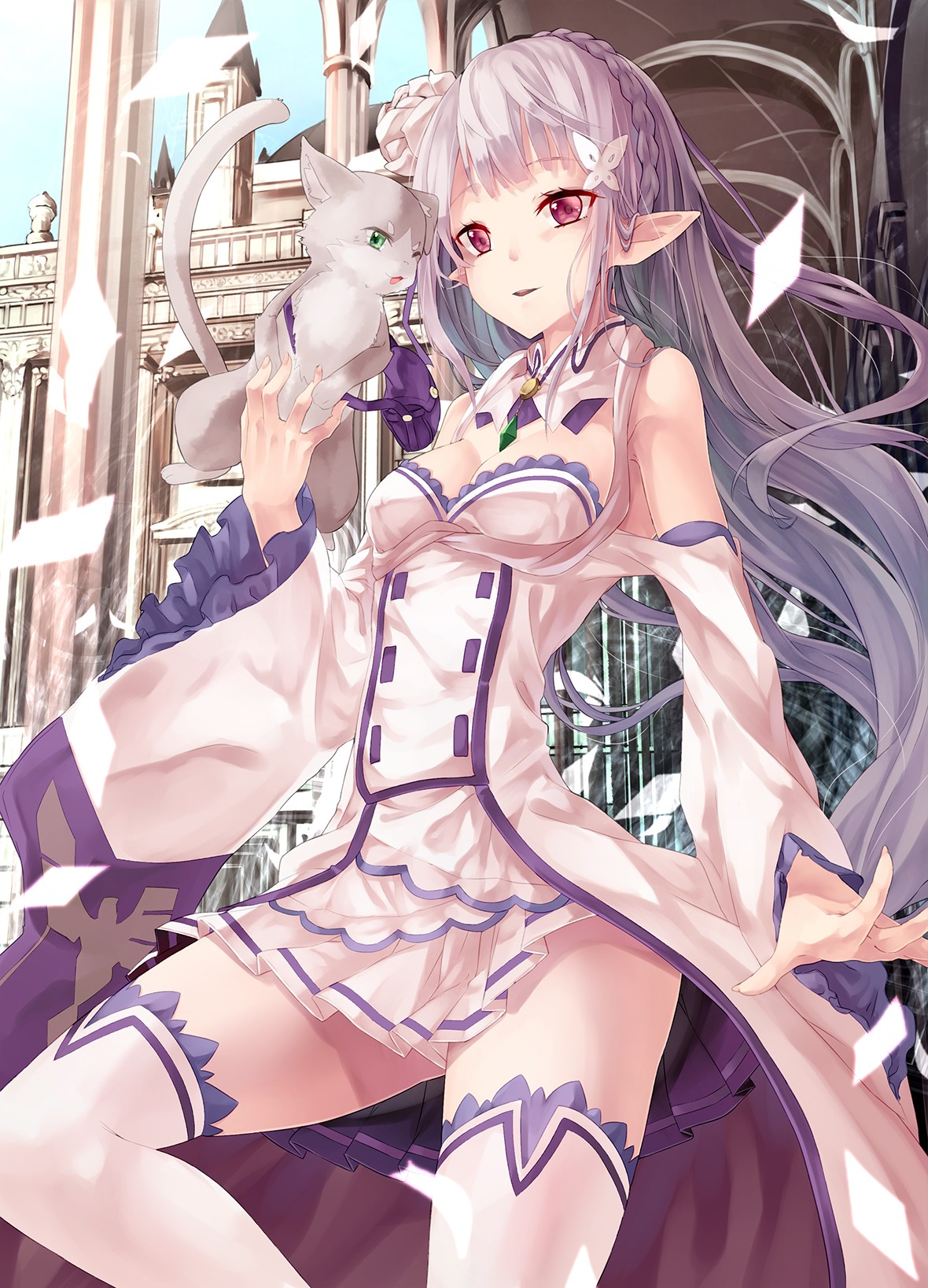 Emilia holding Puck with a cat in a white and purple dress HD Wallpaper