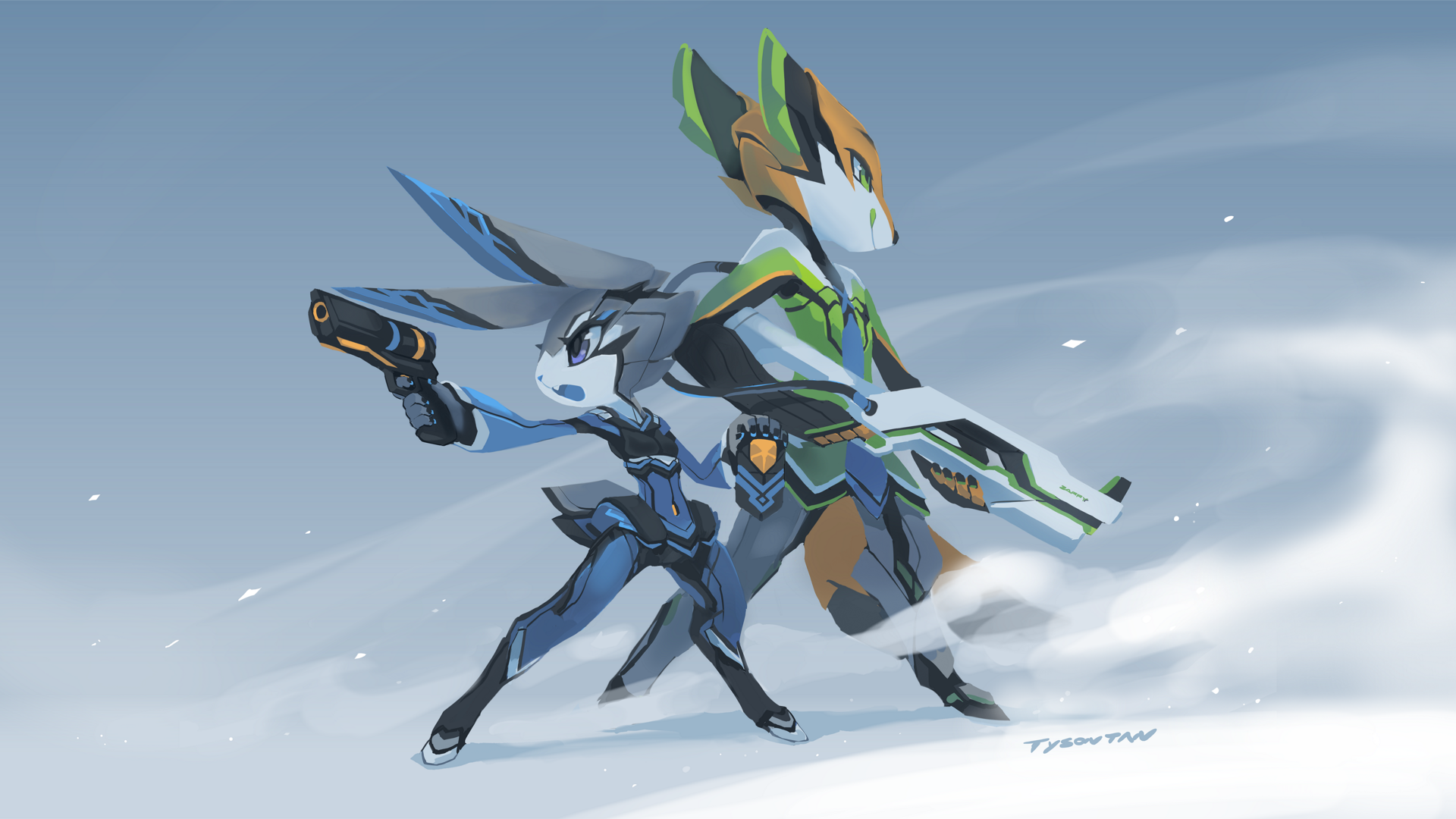 Robotic fox and rabbit characters in a snowy landscape HD Wallpaper