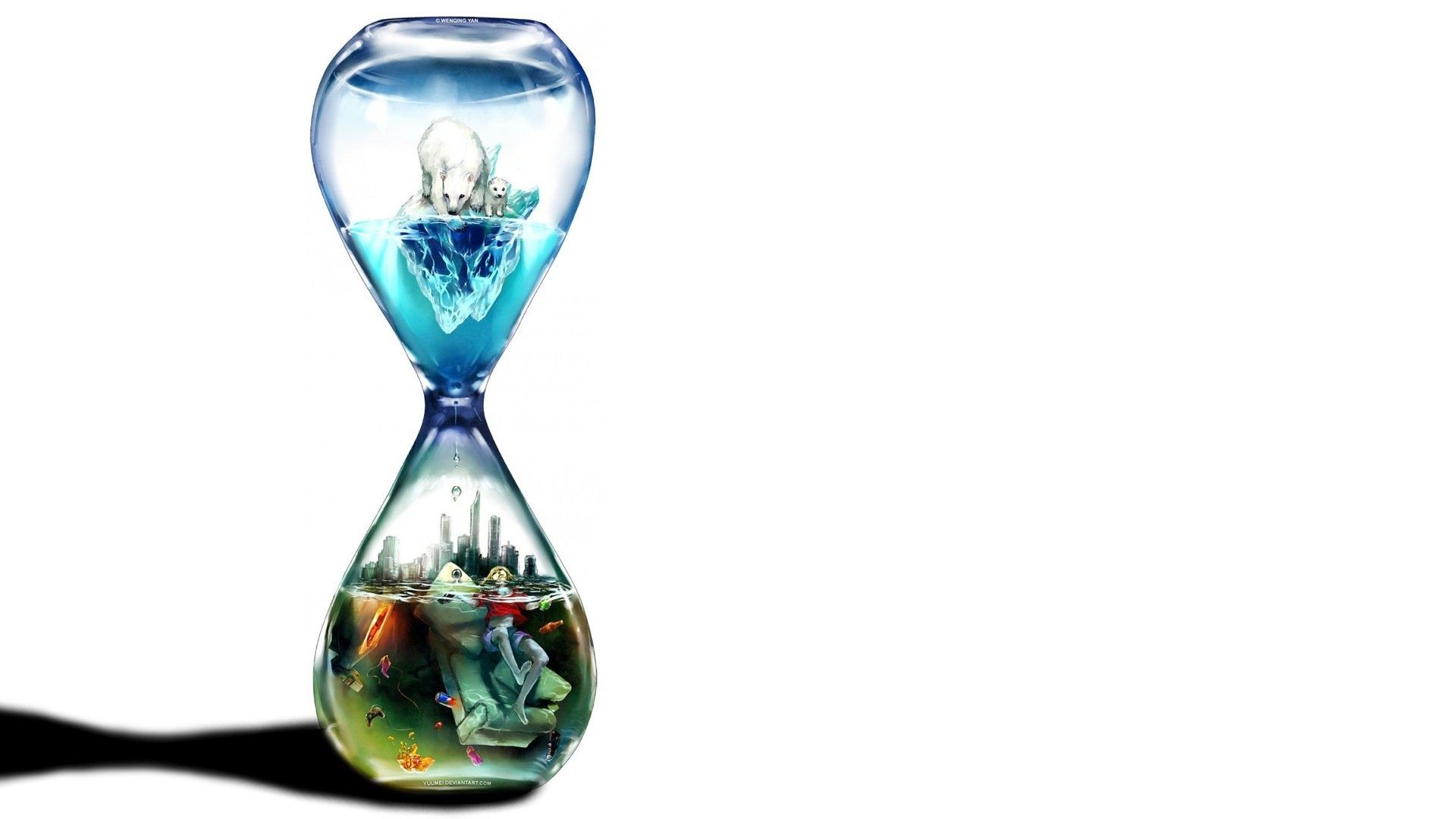 Hourglass with polar bears and underwater city HD Wallpaper