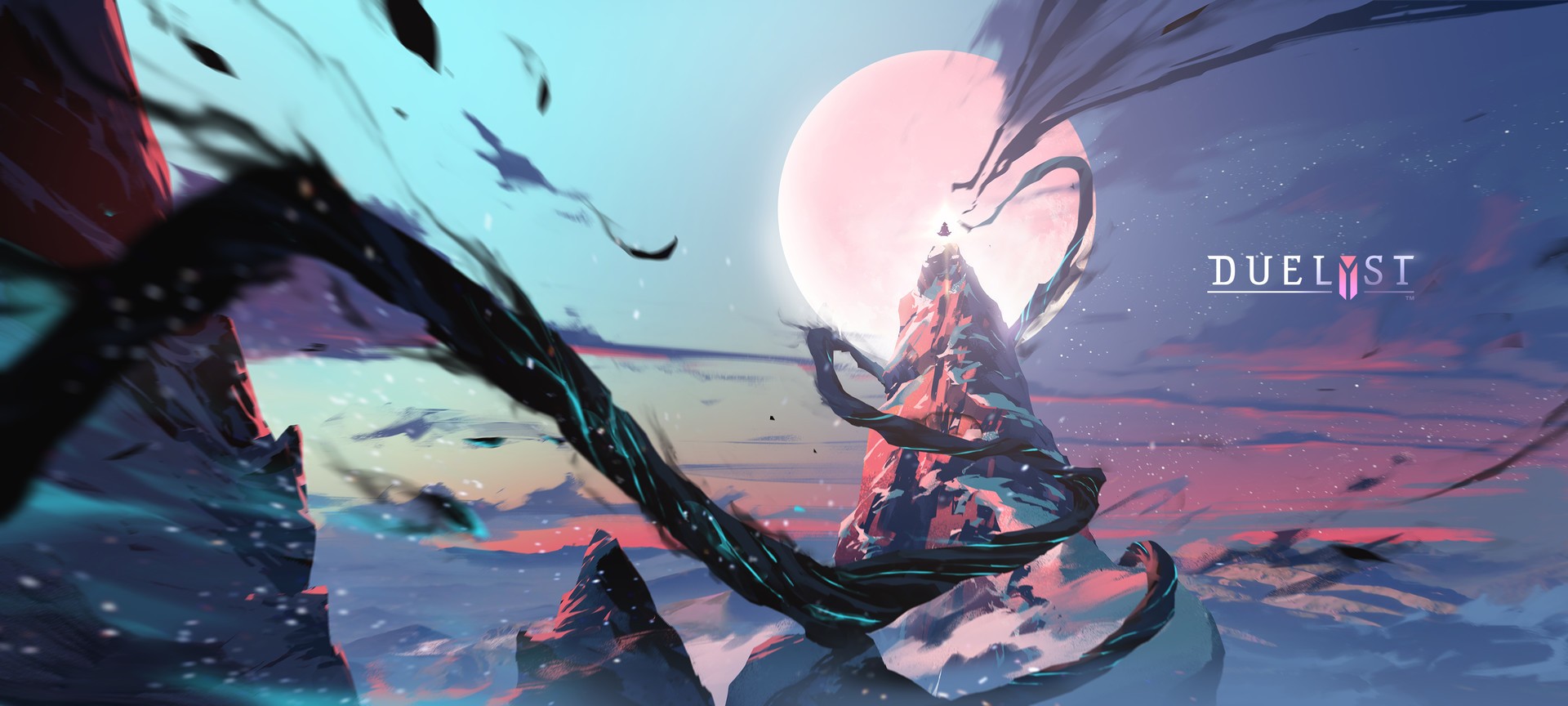 Duelyst artwork with a large moon and mountains HD Wallpaper