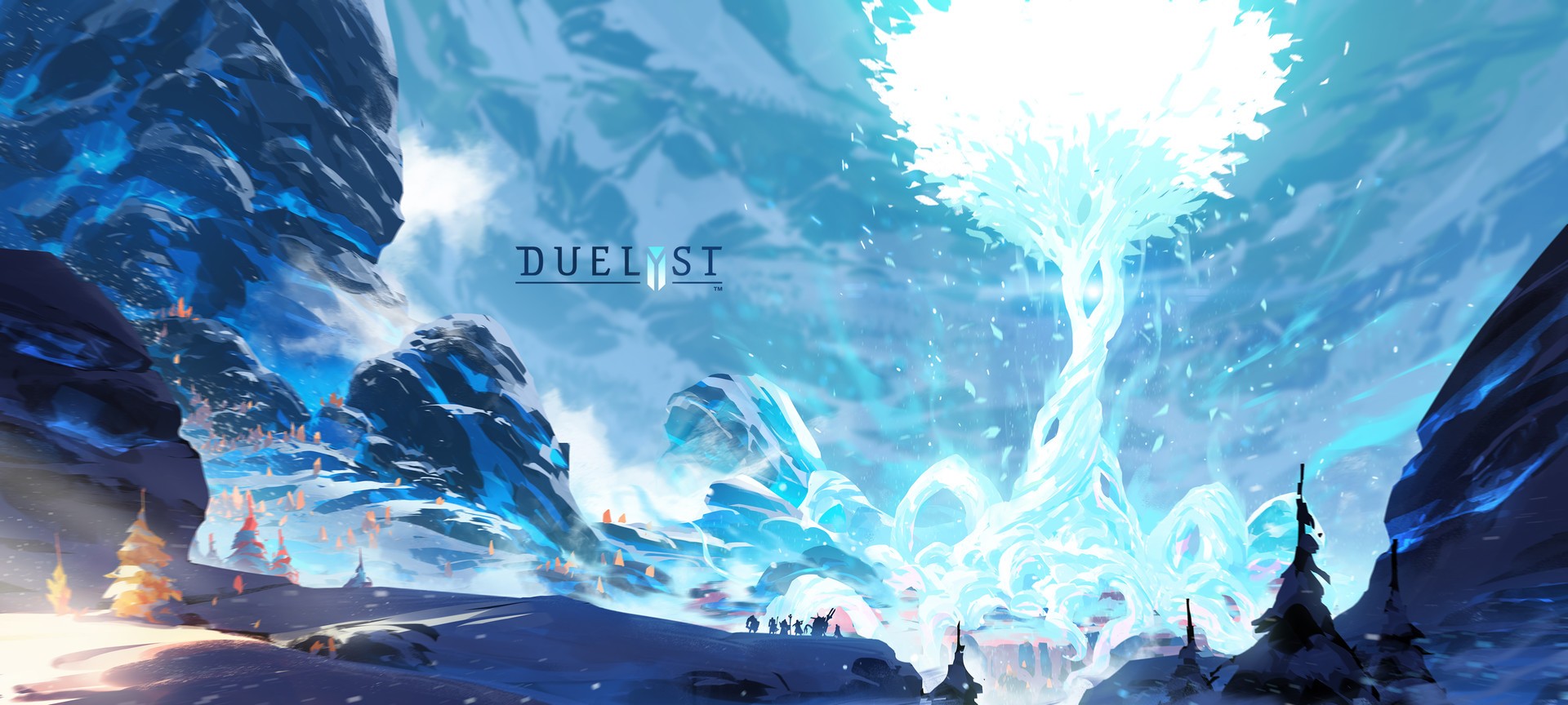 Duelyst concept art of a frozen landscape with a glowing tree HD Wallpaper