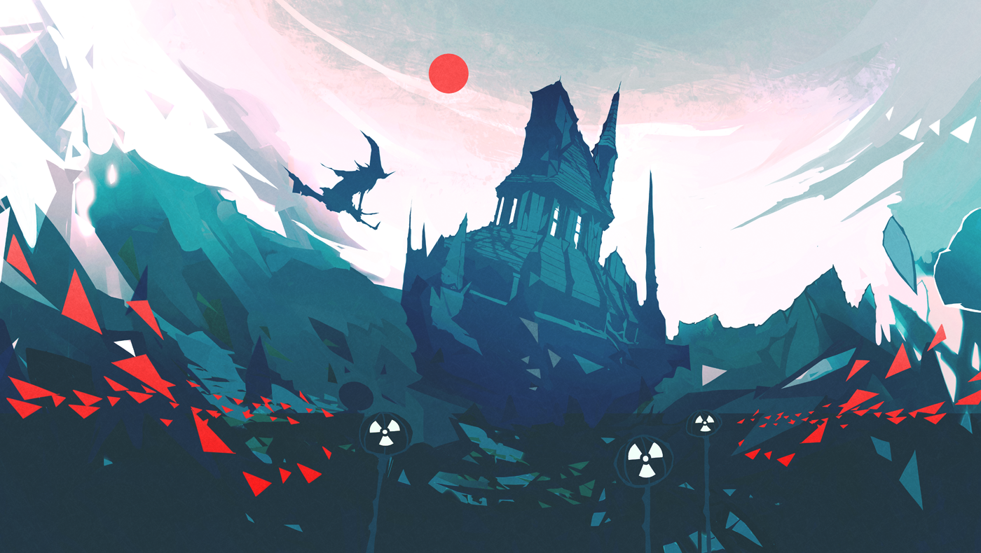 Nano Mortis castle with a witch and red sun HD Wallpaper