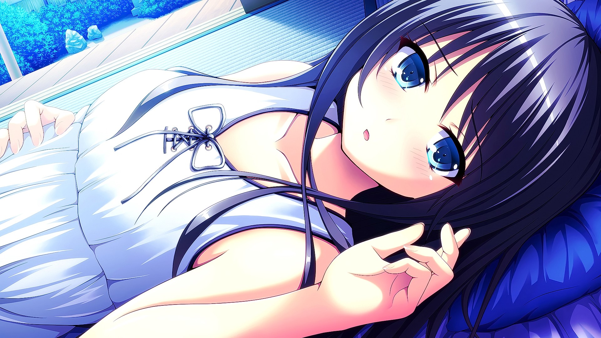 Anime girl with long dark hair and blue eyes HD Wallpaper