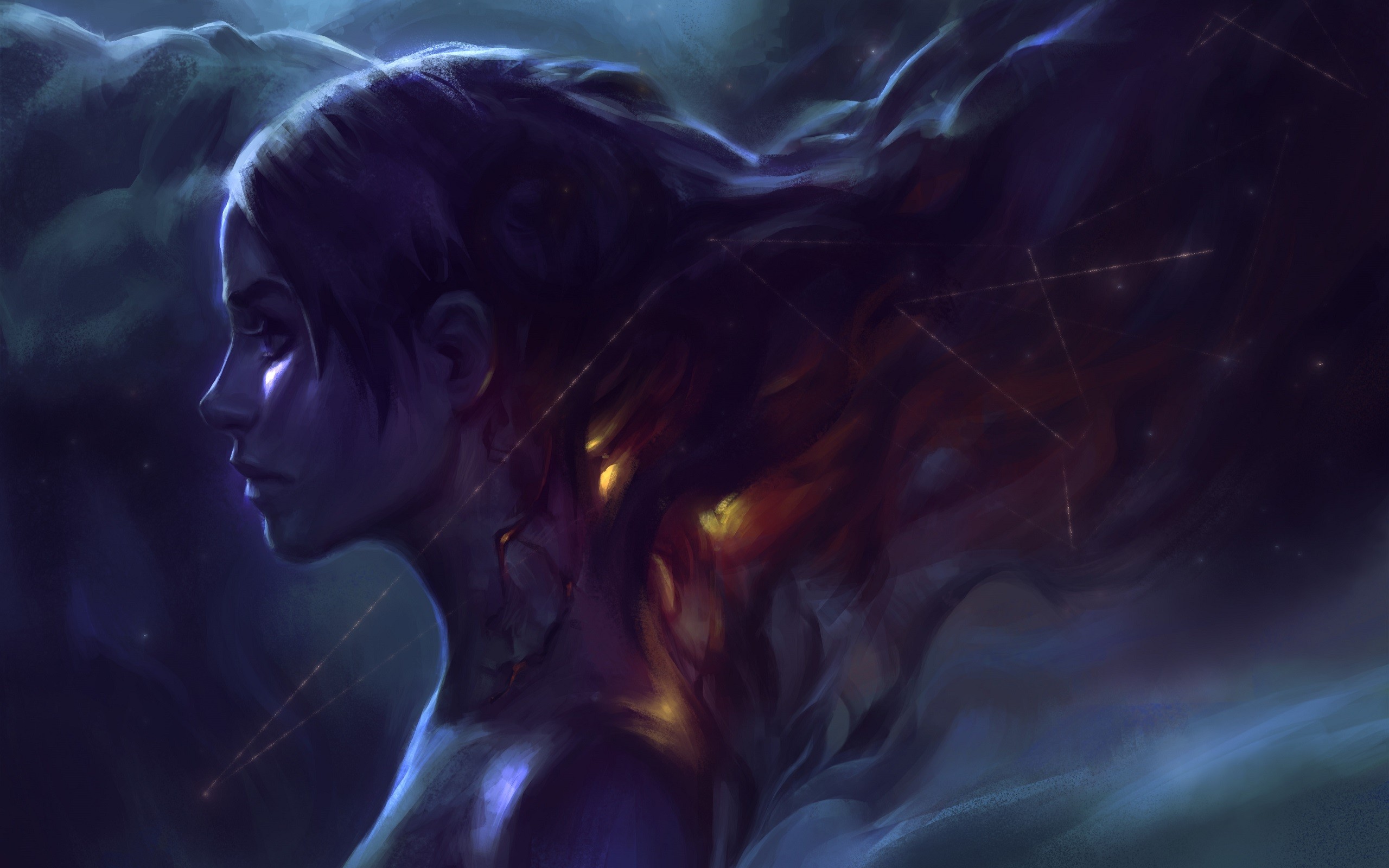 Artwork of a woman with flowing hair and constellations HD Wallpaper