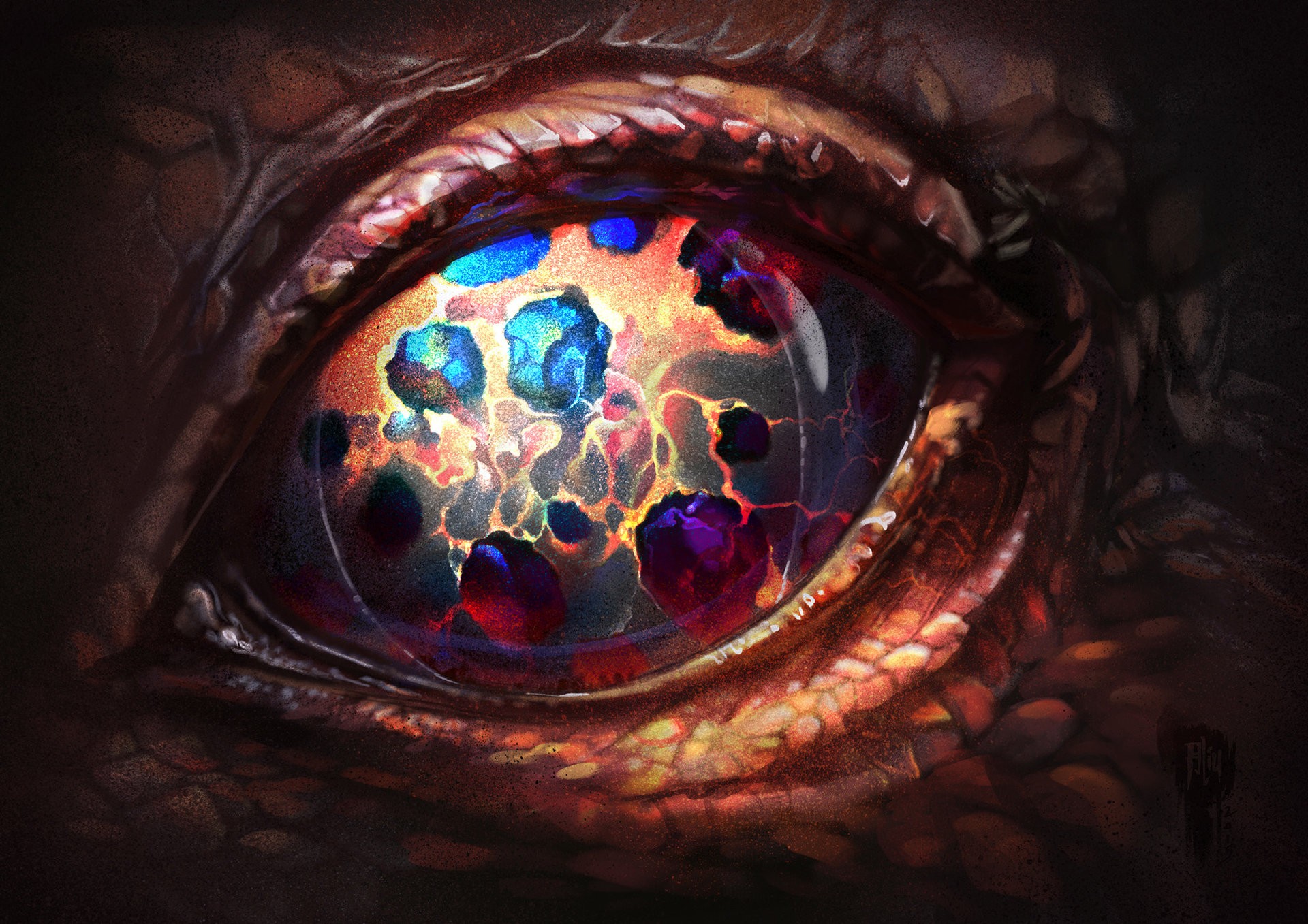 Fantasy art of a dragon's eye with colorful patterns HD Wallpaper