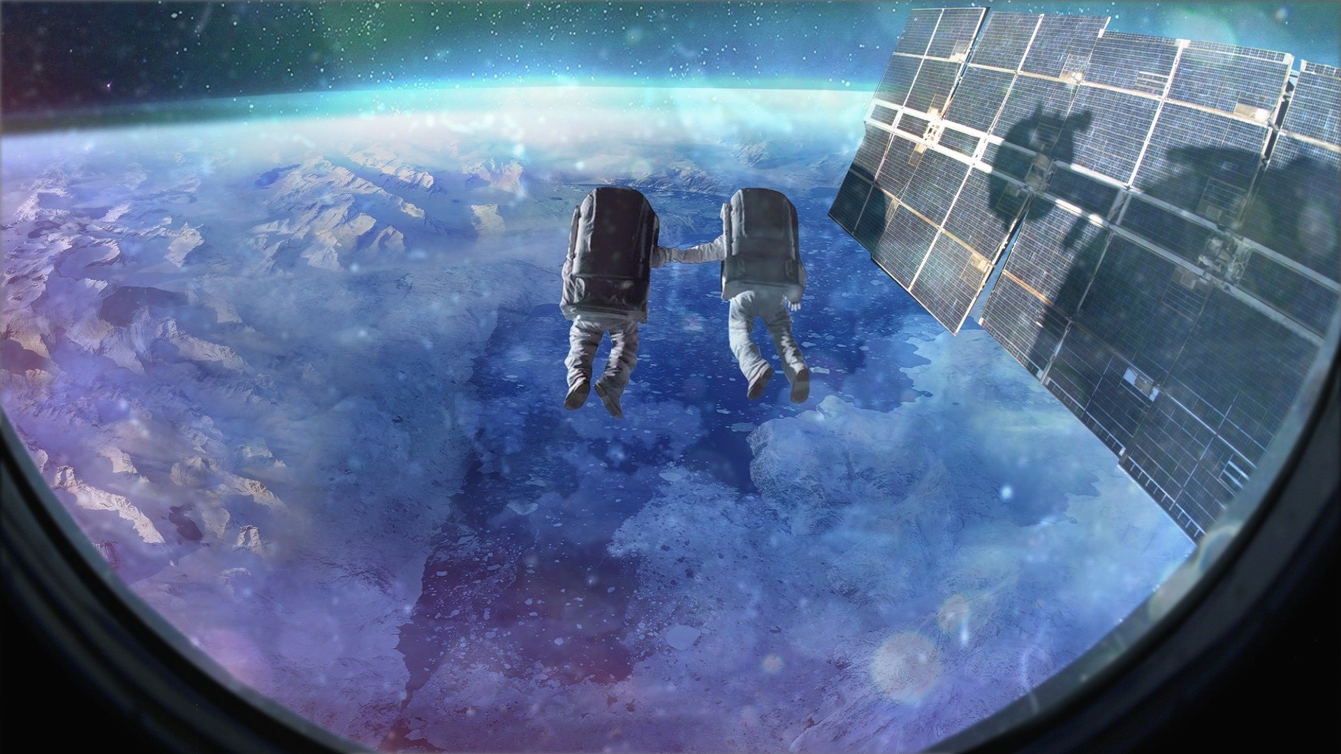 Astronauts holding hands in space near Earth HD Wallpaper